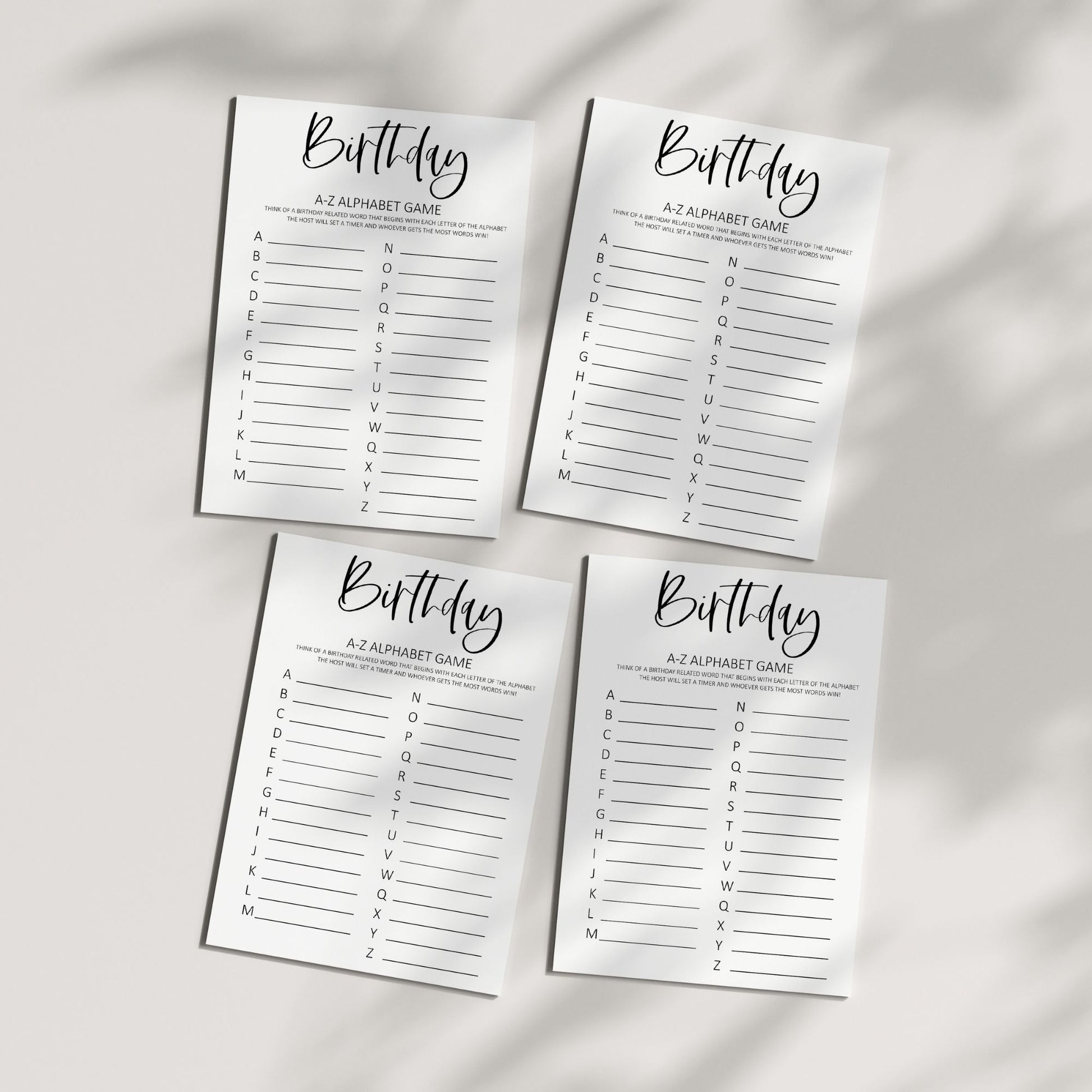 Birthday A-Z Alphabet Game Printable, Fun and Interactive Birthday Party Activity for Guests, Easy-to-Play Word Game, Instant Download for All Ages