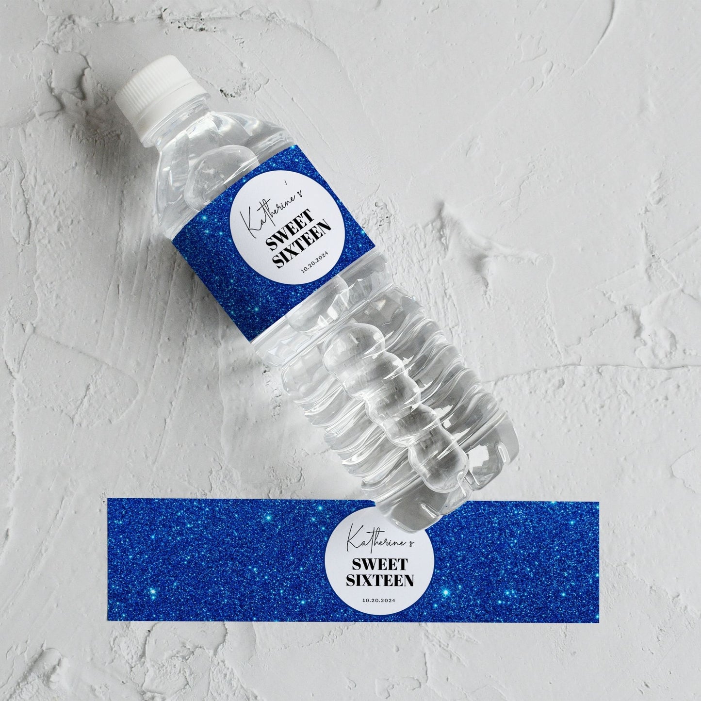 Royal Blue Glitter Water Bottle Labels | Customizable Birthday Favor for Any Age | Printable Party Decor | Personalized Birthday Supplies