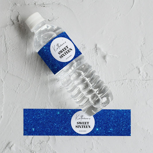 Royal Blue Glitter Water Bottle Labels | Customizable Birthday Favor for Any Age | Printable Party Decor | Personalized Birthday Supplies