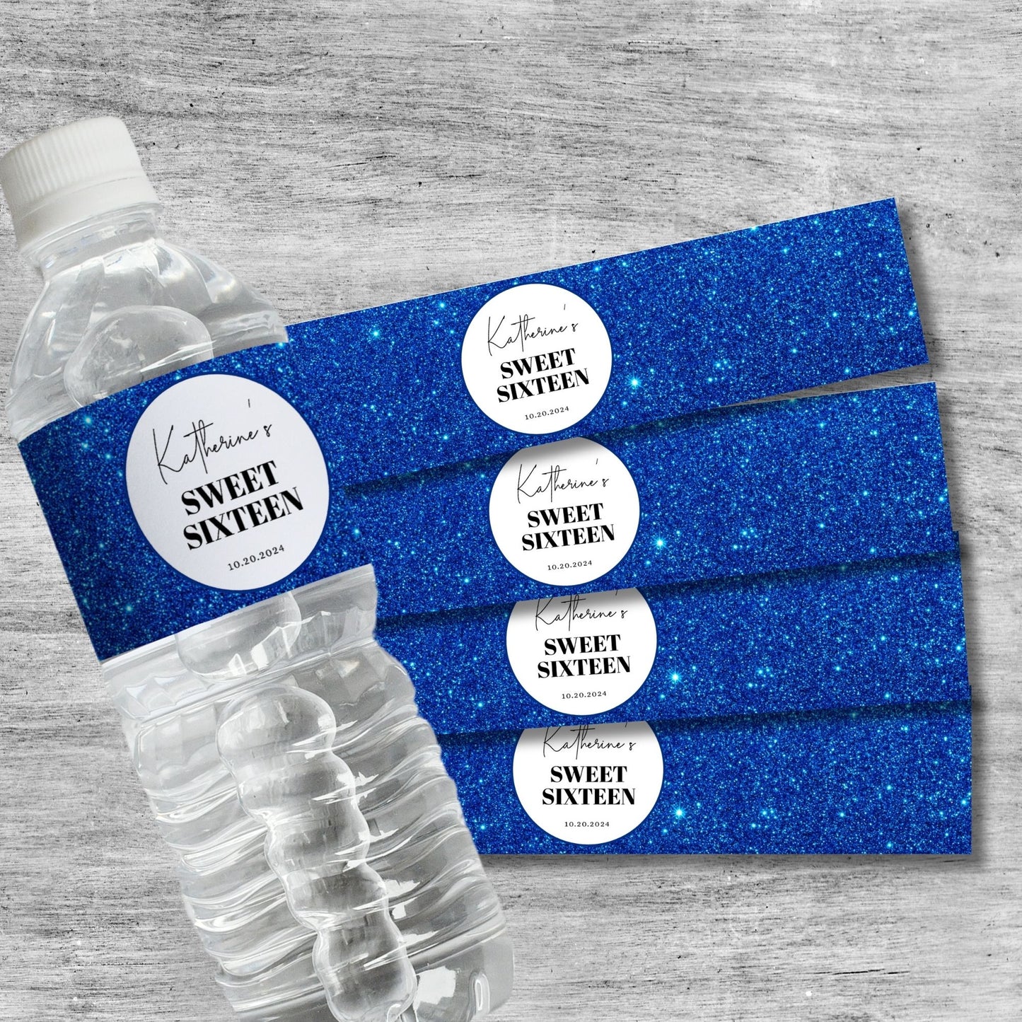 Royal Blue Glitter Water Bottle Labels | Customizable Birthday Favor for Any Age | Printable Party Decor | Personalized Birthday Supplies