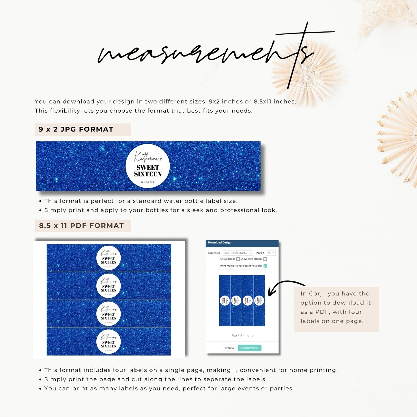 Royal Blue Glitter Water Bottle Label Template