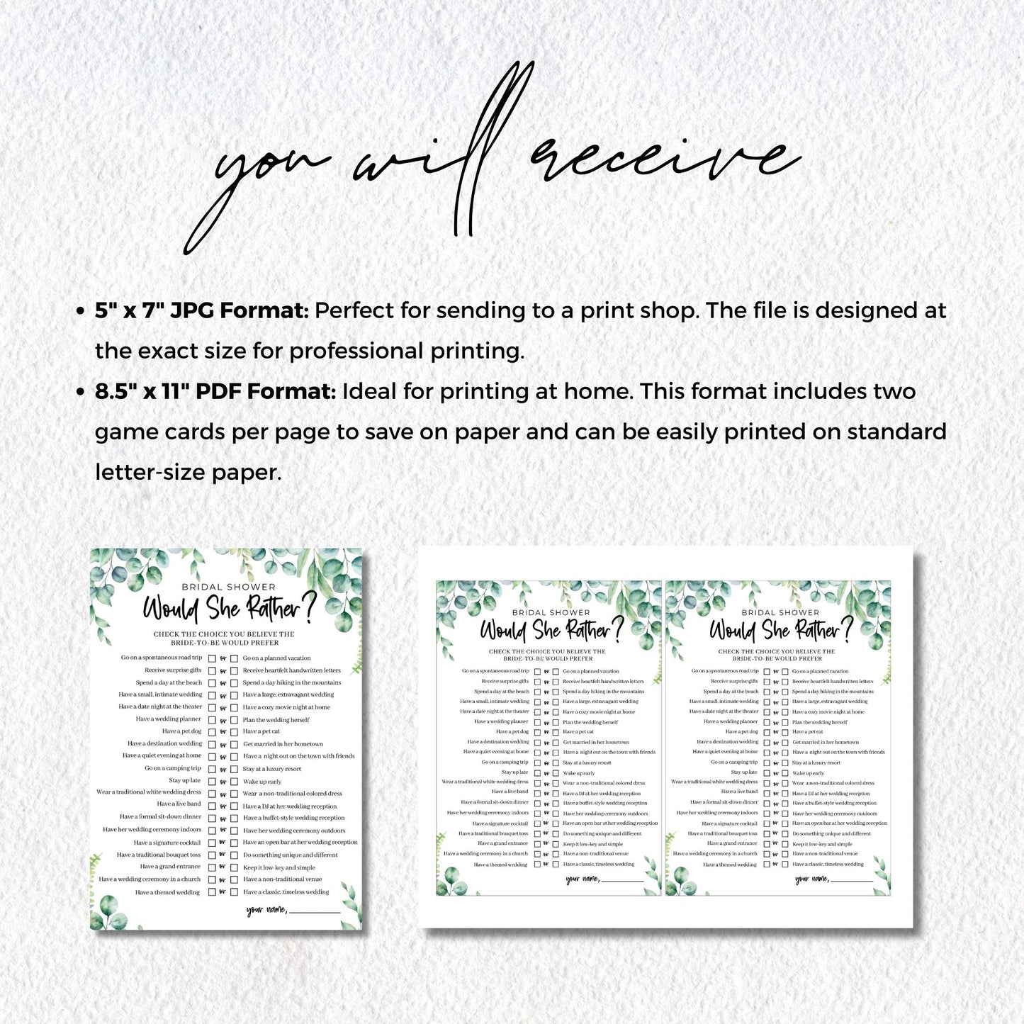 Would She Rather Bridal Shower Game, Greenery Theme