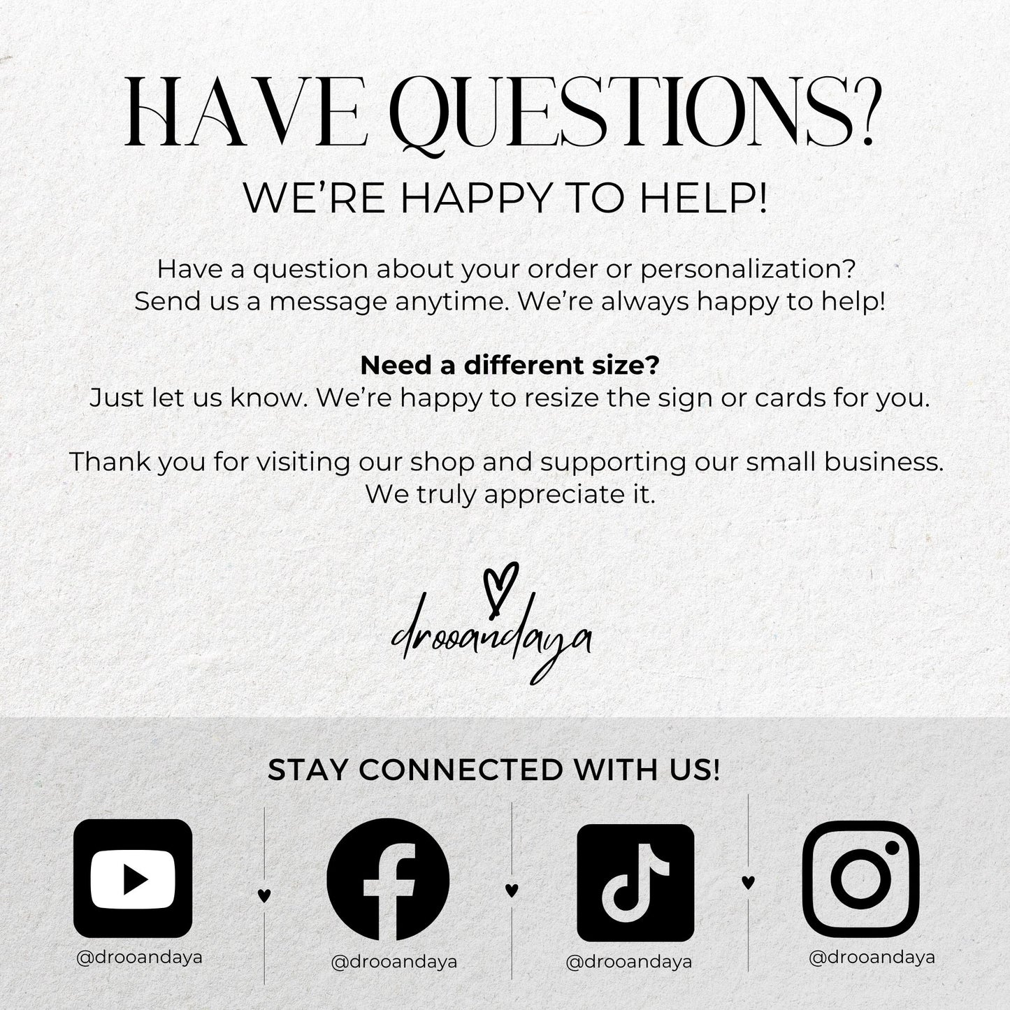 Customer service message with contact information and social media icons on a white background