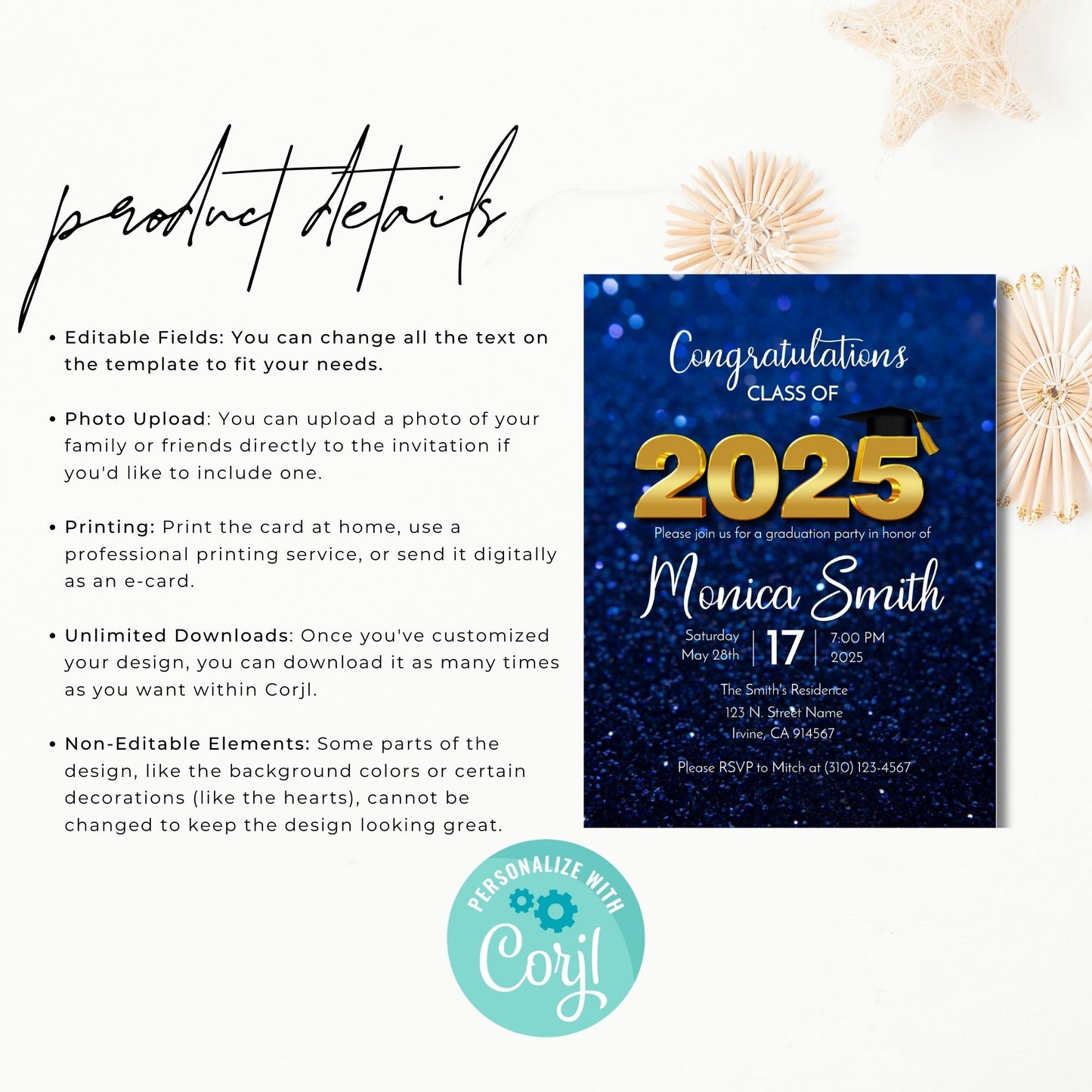 Graduation Invitation Template Class of 2025 Blue and Gold Editable Corjl Design 5x7 Graduation Party Invite Instant Download Printable
