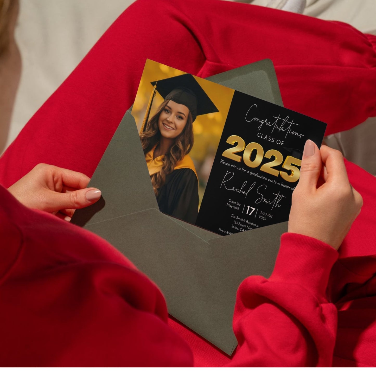 Graduation Party Invitation Template Class of 2025 Black and Gold Photo Design Editable Corjl 5x7 Invite Instant Download Printable