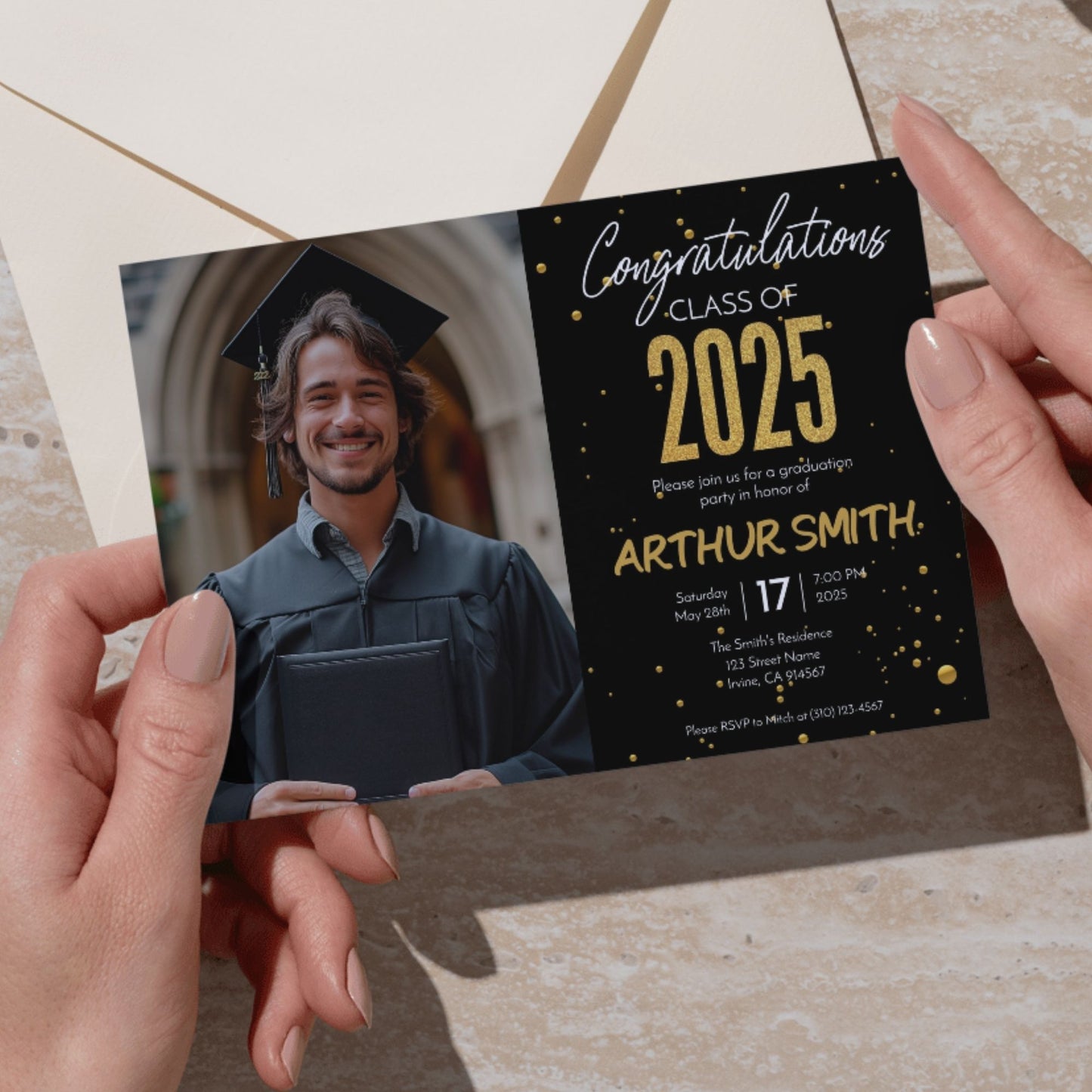 Graduation Party Invitation Template Class of 2025 Black and Gold Confetti Design Editable Corjl 5x7 Invite with Photo Instant Download