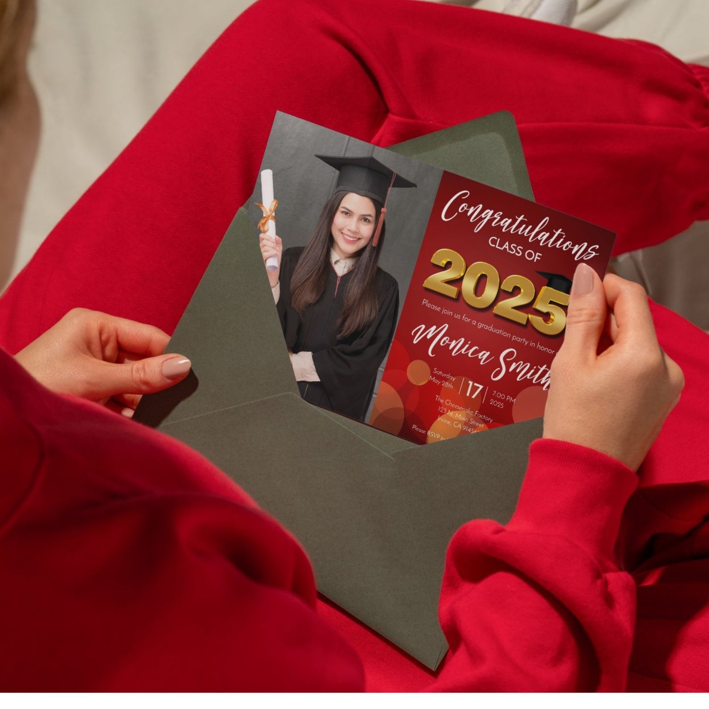 Graduation Party Invitation Template Class of 2025 Red and Gold Photo Design Editable Corjl 5x7 Invite Instant Download Printable