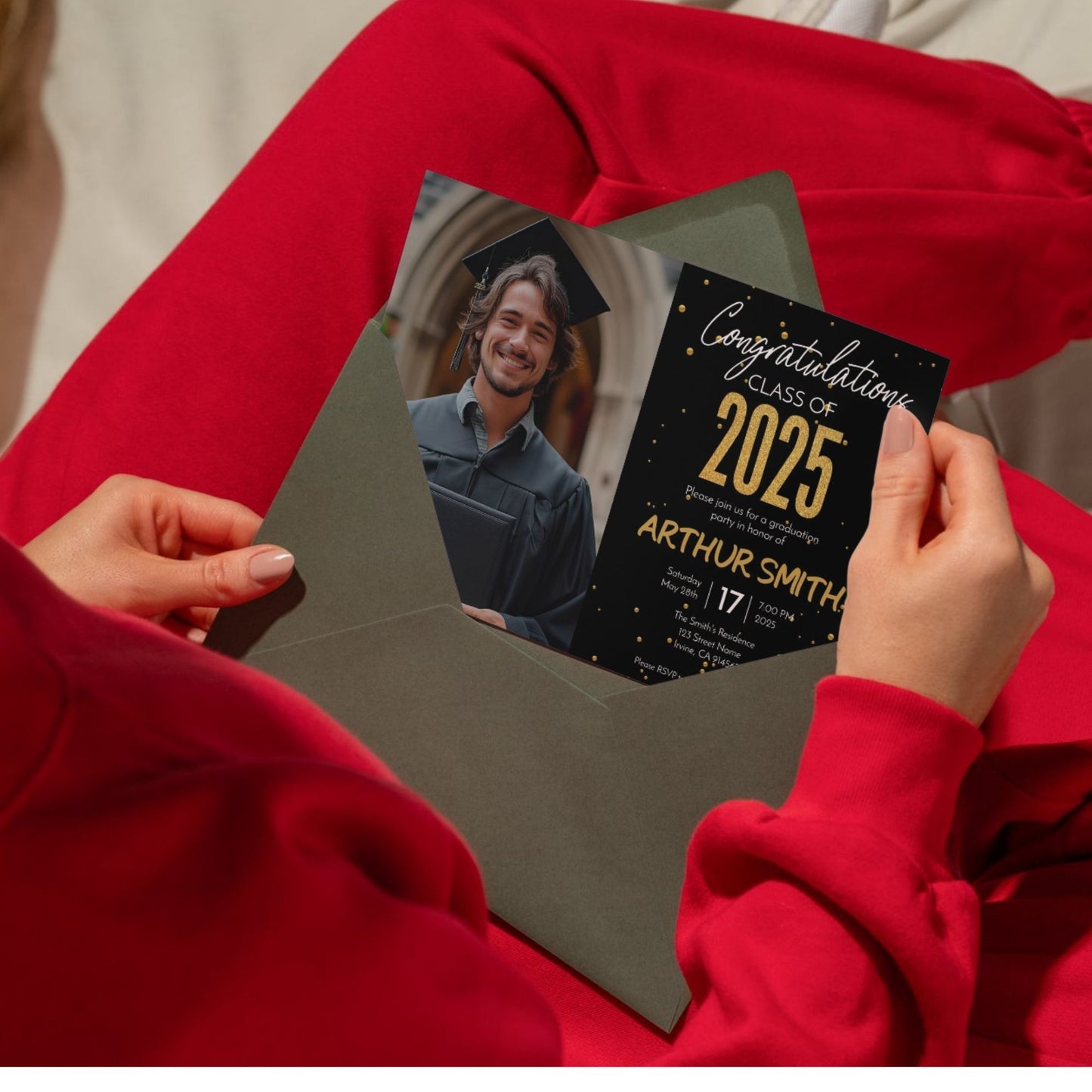 Graduation Party Invitation Template Class of 2025 Black and Gold Confetti Design Editable Corjl 5x7 Invite with Photo Instant Download