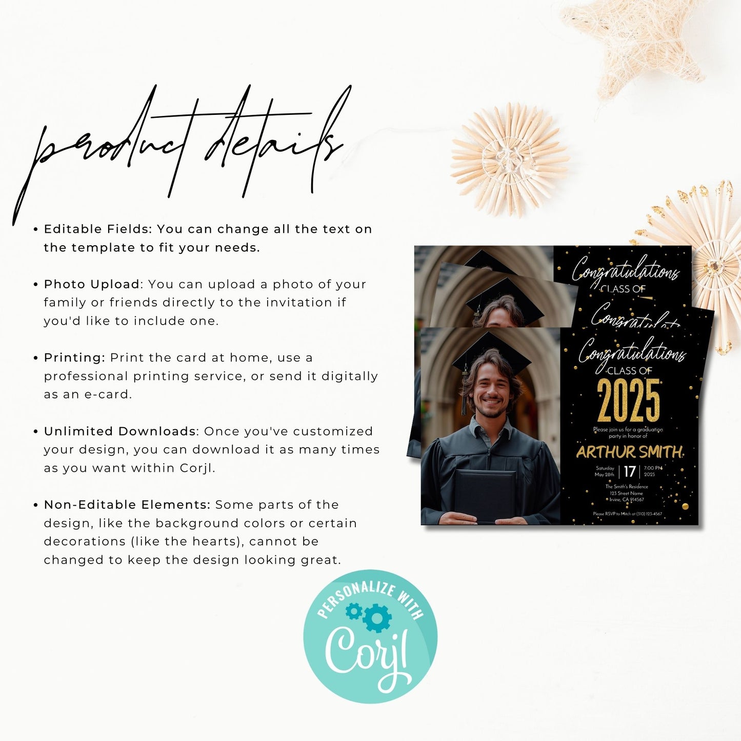 Graduation Party Invitation Template Class of 2025 Black and Gold