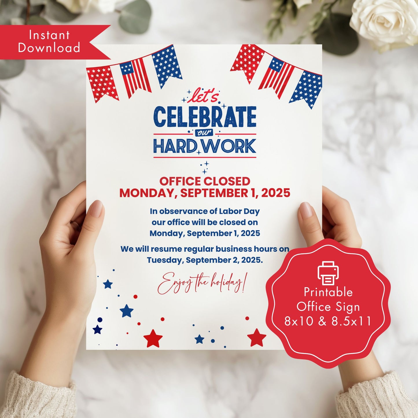Office closure sign for Labor Day with American flags held by hands on a light background