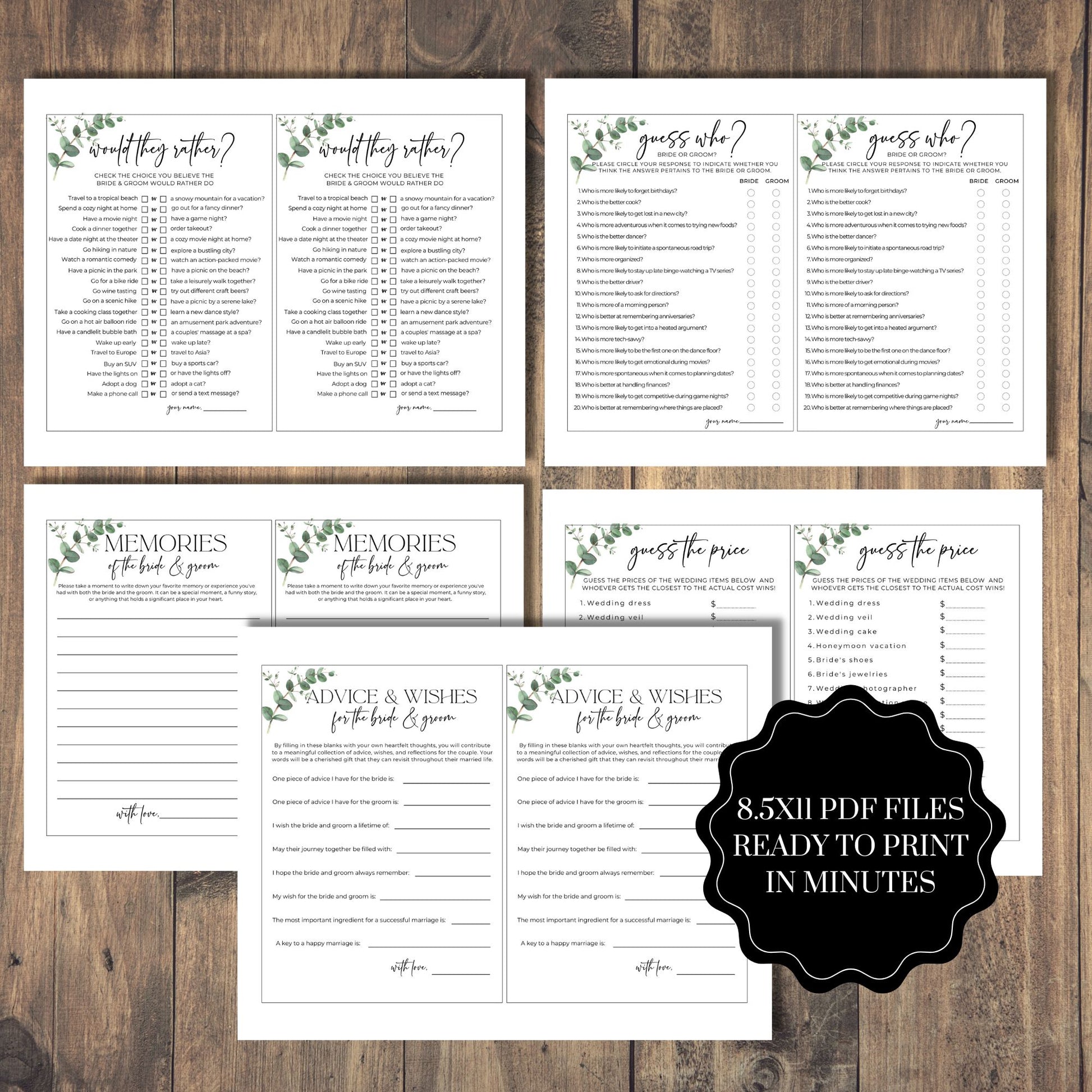 Greenery Wedding Games Bundle PDF