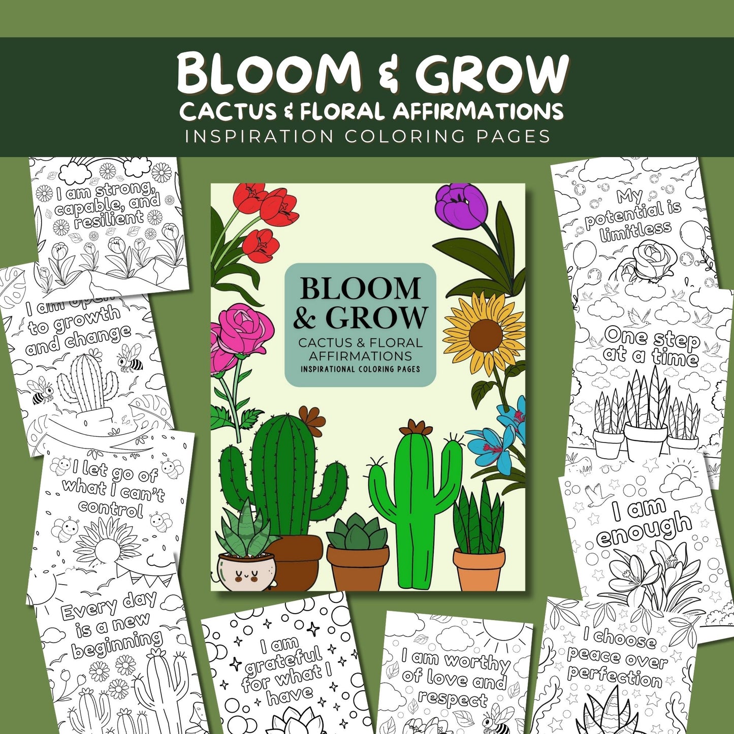 Affirmations Coloring Pages Printable, Motivational Coloring Pages PDF, Cactus Floral Coloring Sheets, Instant Download for Adults & Teens