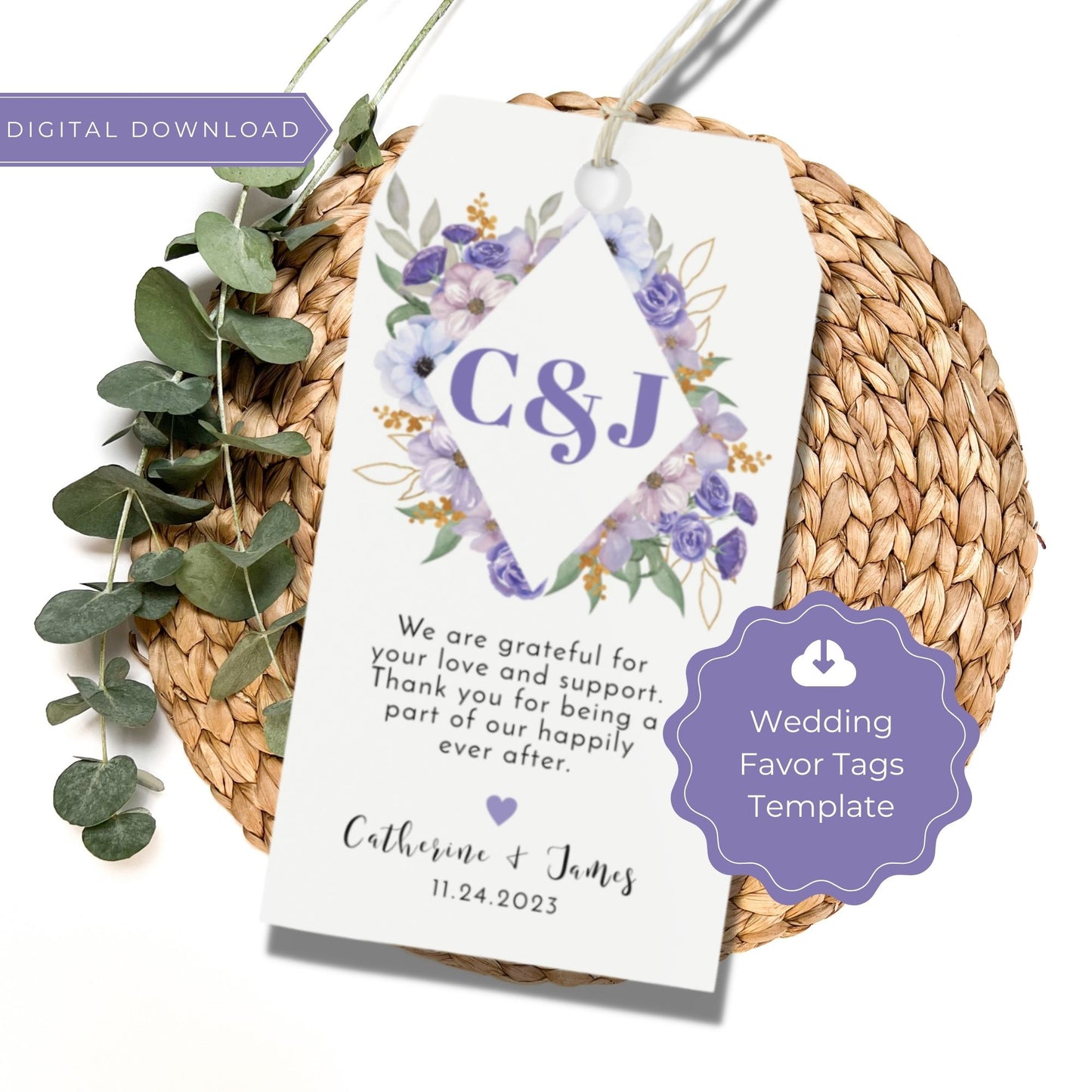 Purple Floral Thank you Tag Template