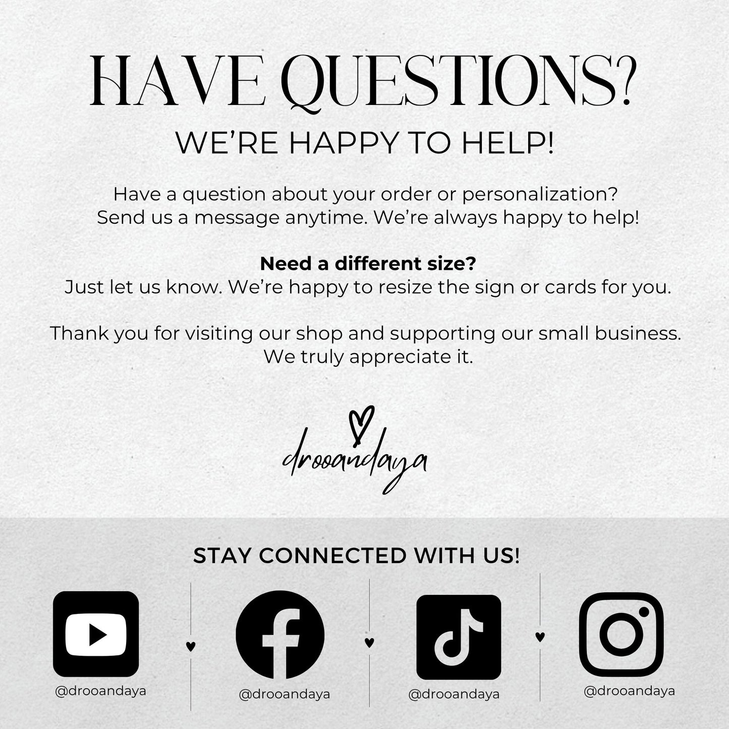 Customer service message with contact information and social media icons on a white background