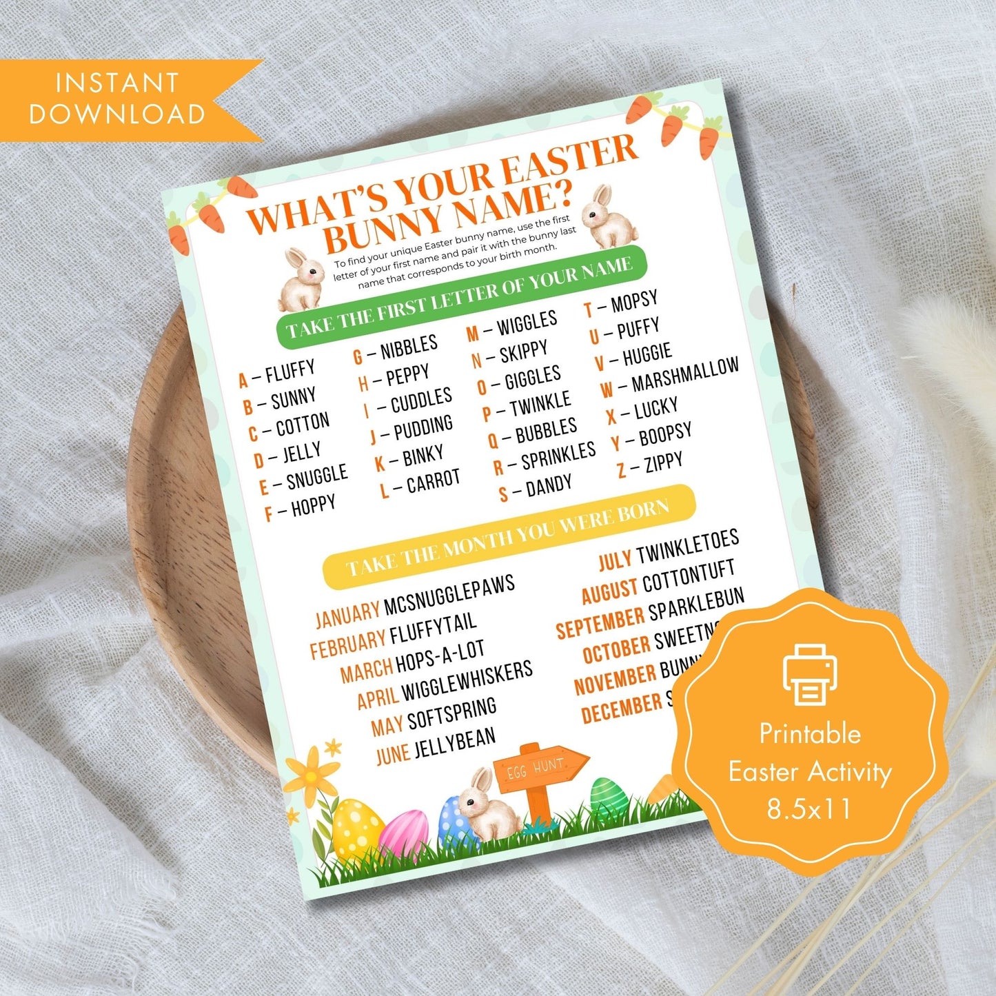 What's Your Easter Bunny Name Game Printable | Fun Easter Activity for Classroom, Work, Office Party | Instant Download JPG PDF