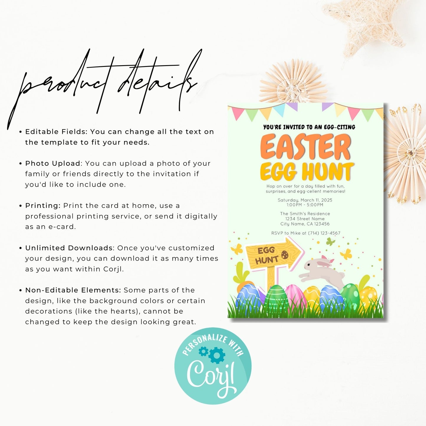 Editable Easter Egg Hunt Invitation Template | Bunny Brunch Party Invite | Corjl Instant Download