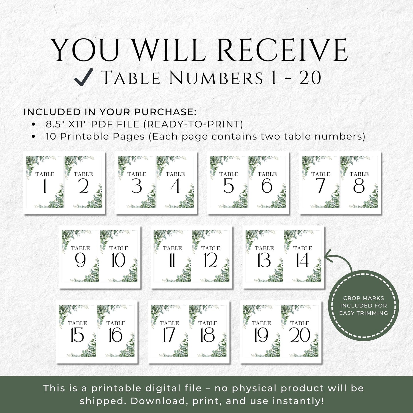 Greenery Table Numbers 5x7 - Wedding Table Signs