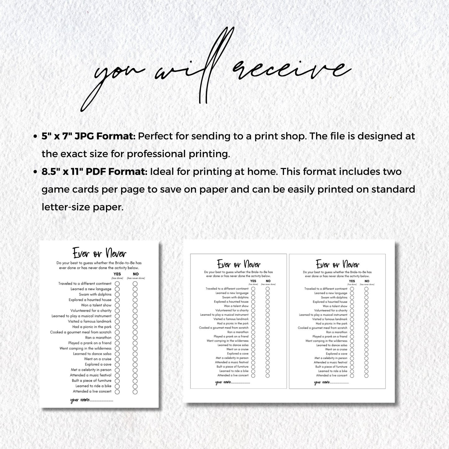 Bridal Shower Game, Ever or Never Printable
