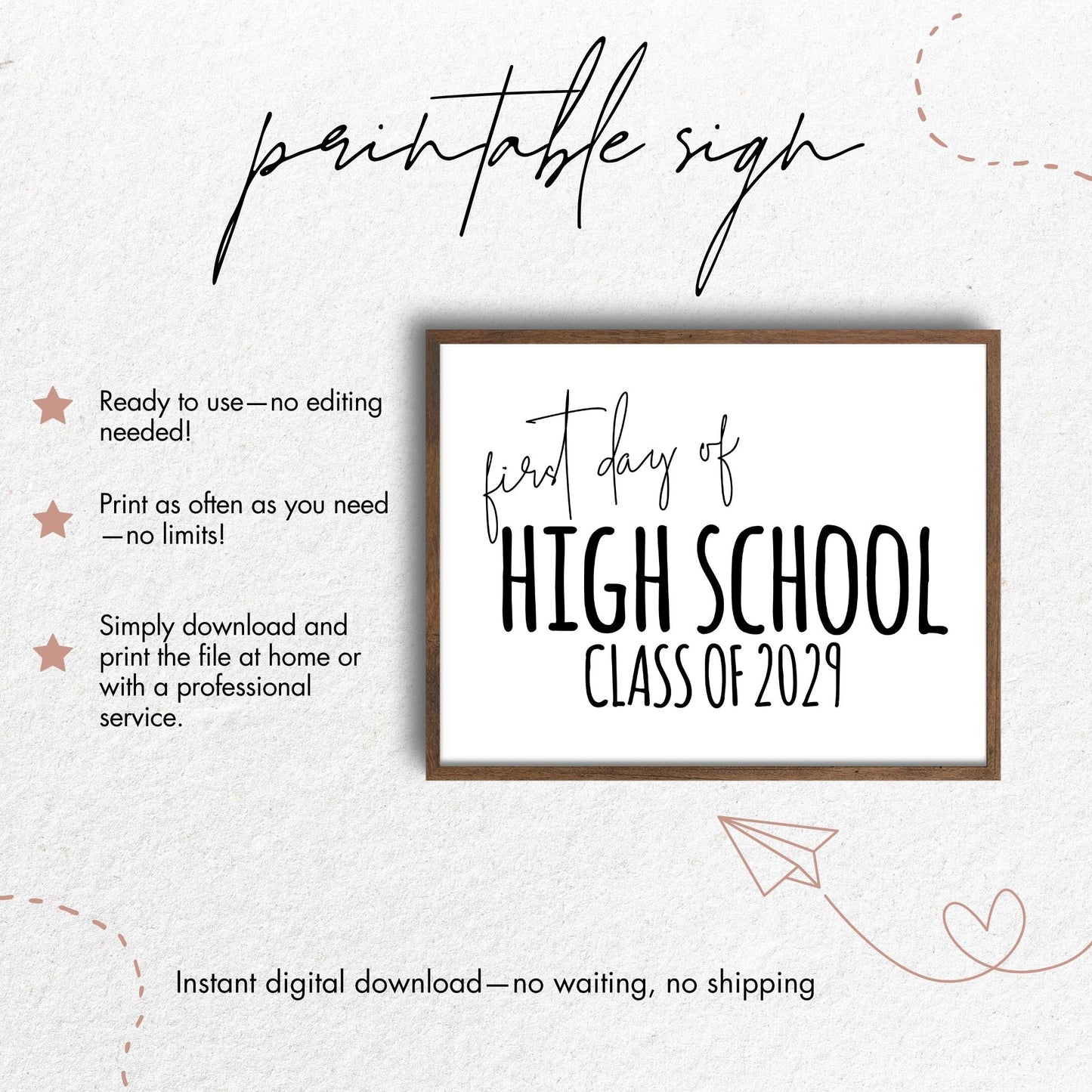 First Day of High School Class of 2029 Printable Sign 8x10
