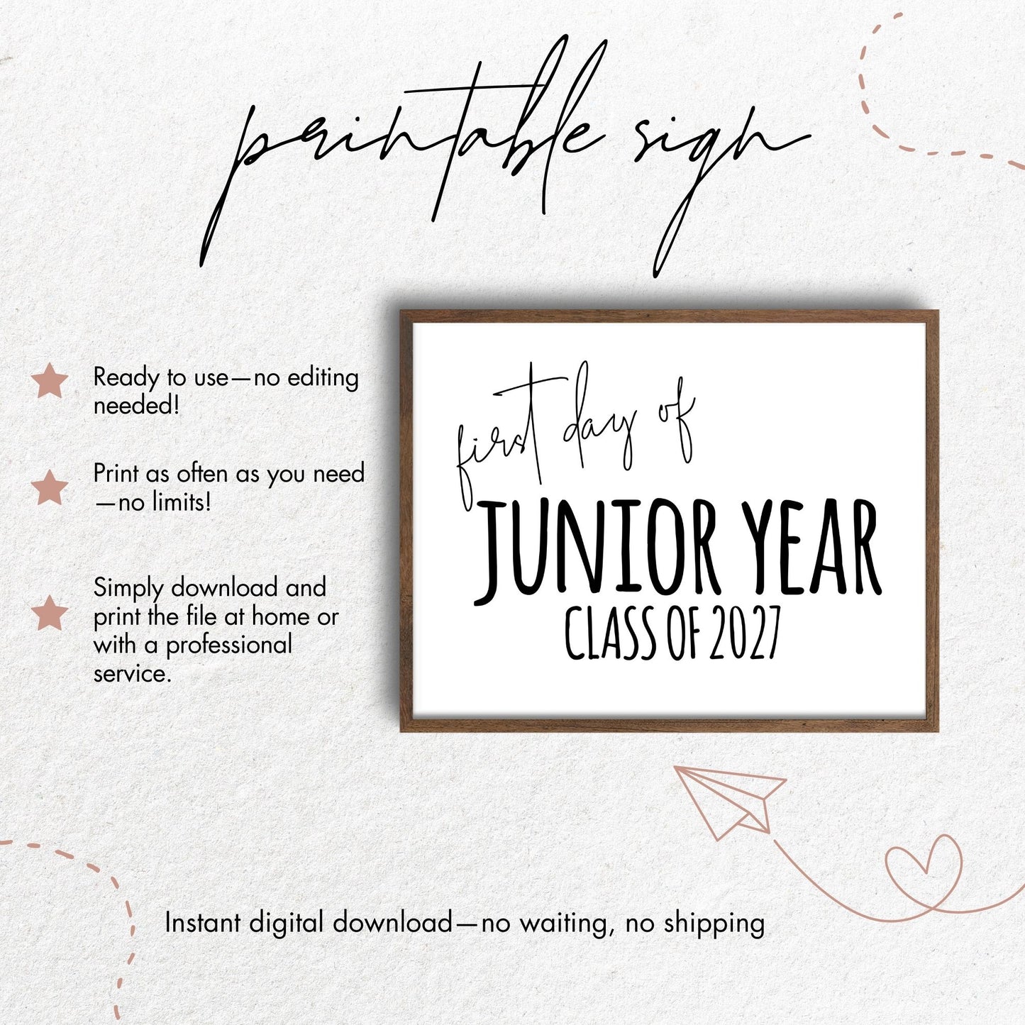 First Day of Junior Year Class of 2027 Printable Sign 8x10
