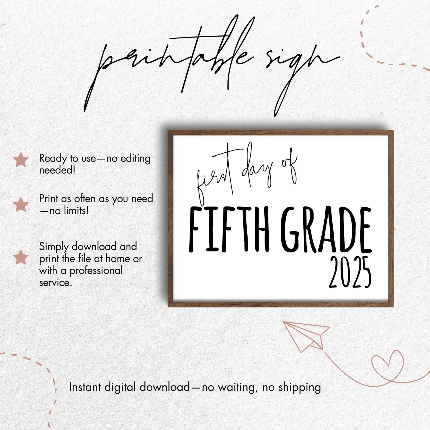 First Day of Fifth Grade 2025 Printable Sign 8x10