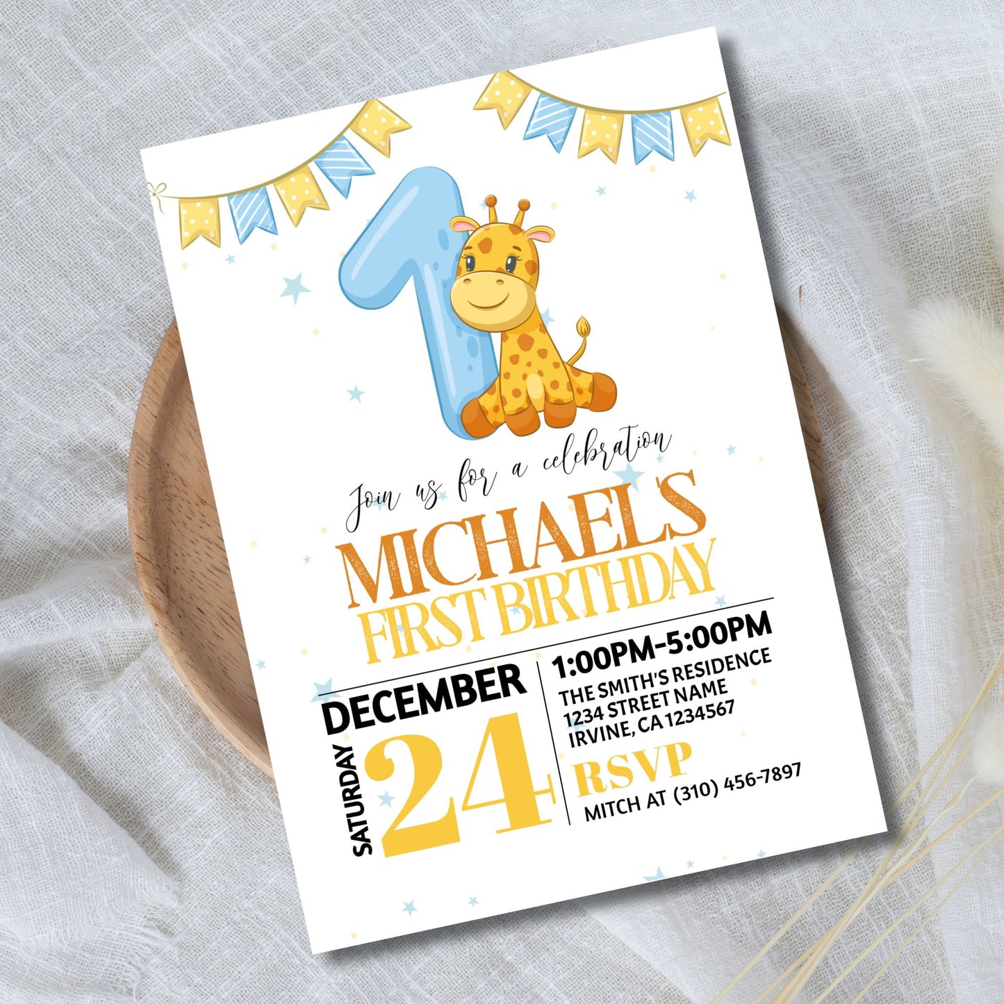 Blue Giraffe 1st Birthday Invitation Template
