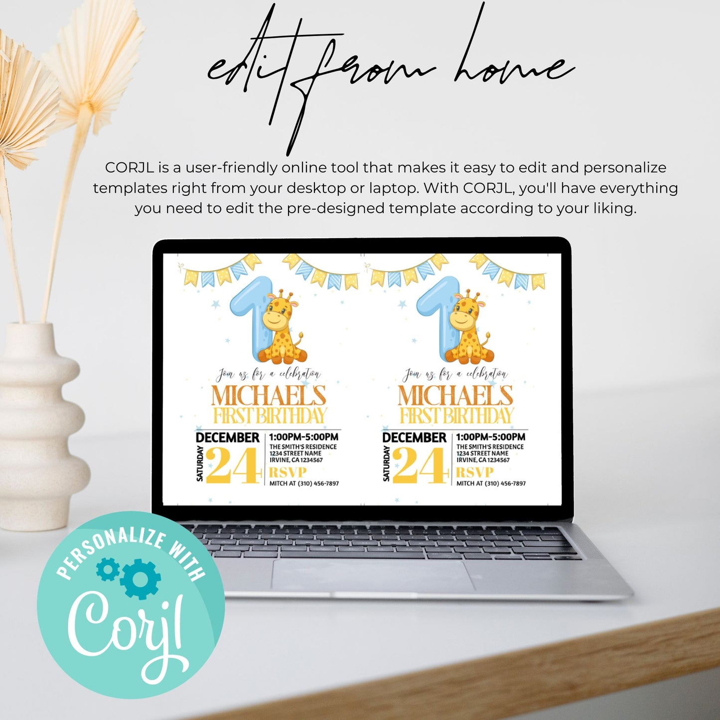 Blue Giraffe 1st Birthday Invitation Template