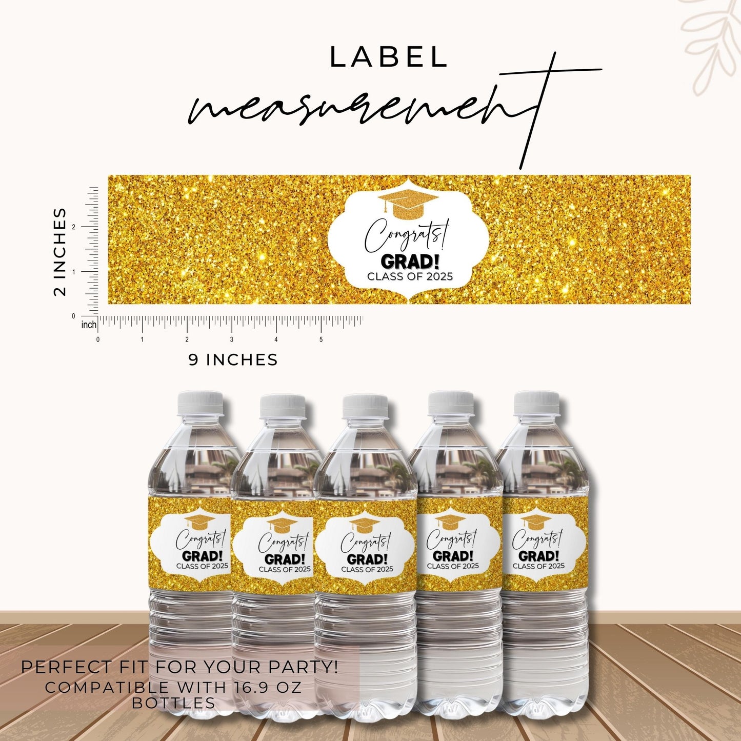 Gold Glitter Graduation Water Bottle Labels Class of 2025