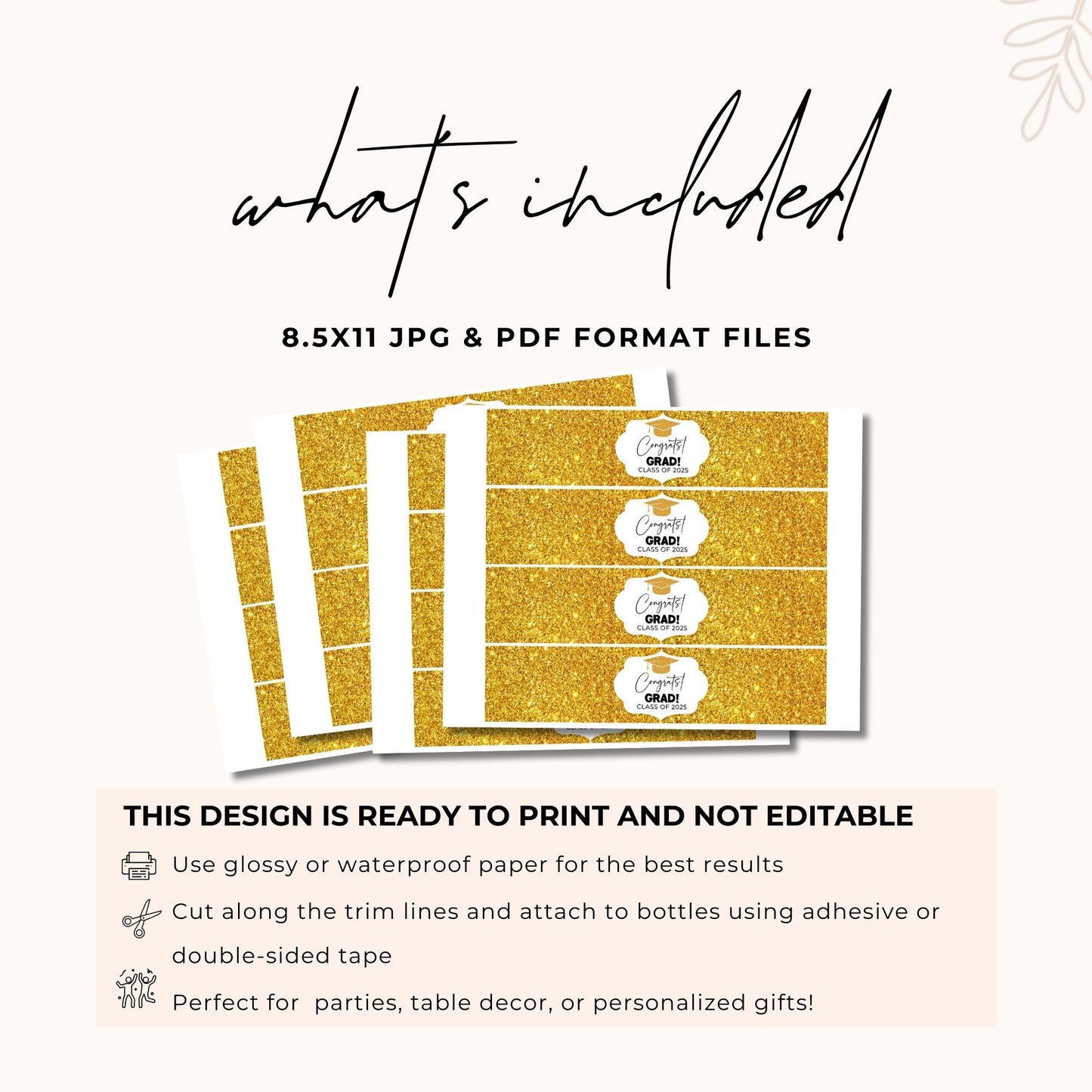 Gold Glitter Graduation Water Bottle Labels Class of 2025
