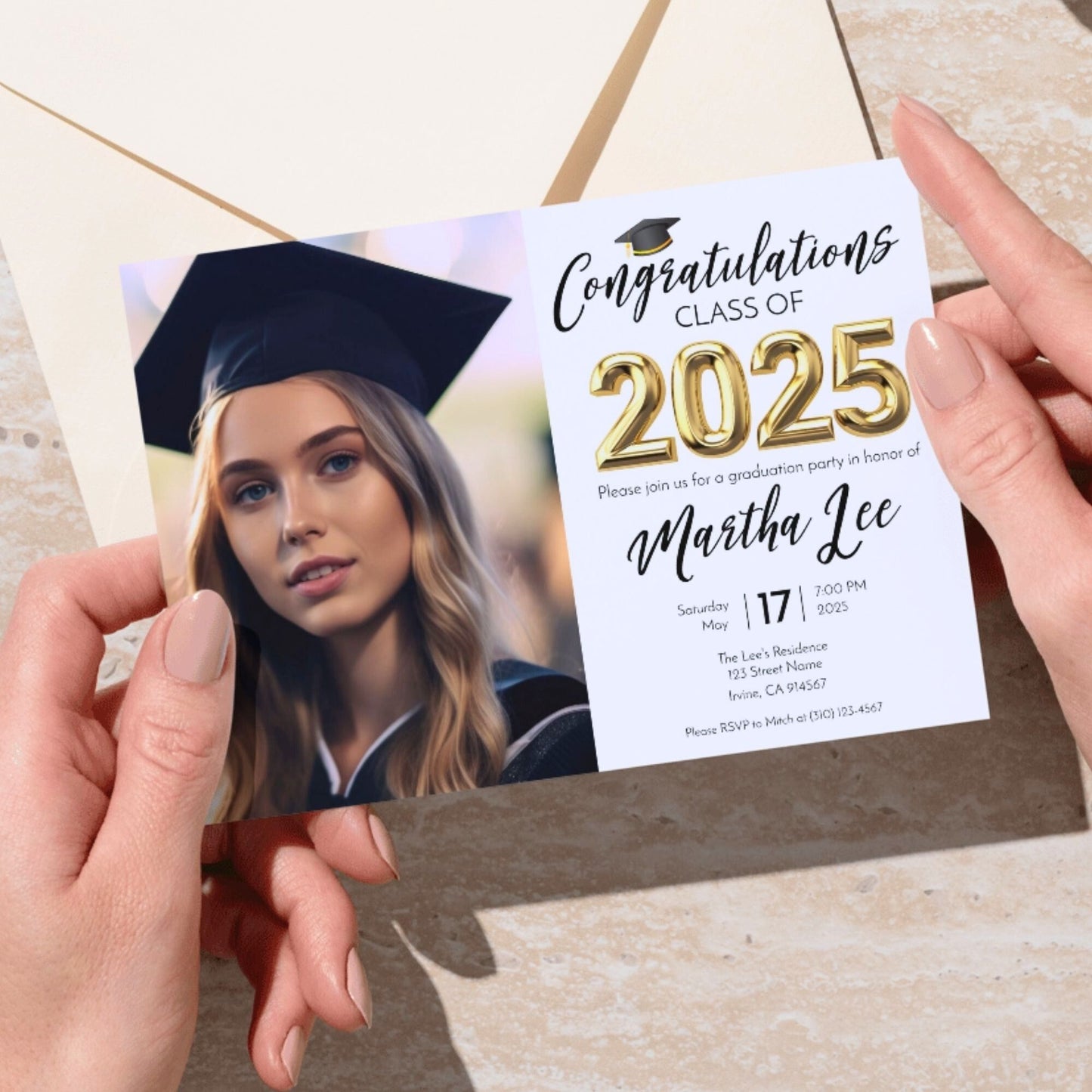 Graduation Party Invitation Template Class of 2025 Black and Gold Confetti Design Editable Corjl 5x7 Invite with Photo Instant Download