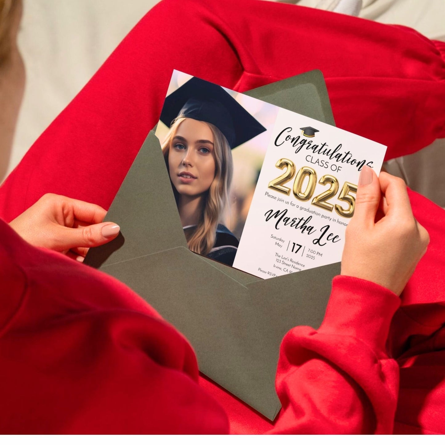 Graduation Party Invitation Template Class of 2025 Black and Gold Confetti Design Editable Corjl 5x7 Invite with Photo Instant Download