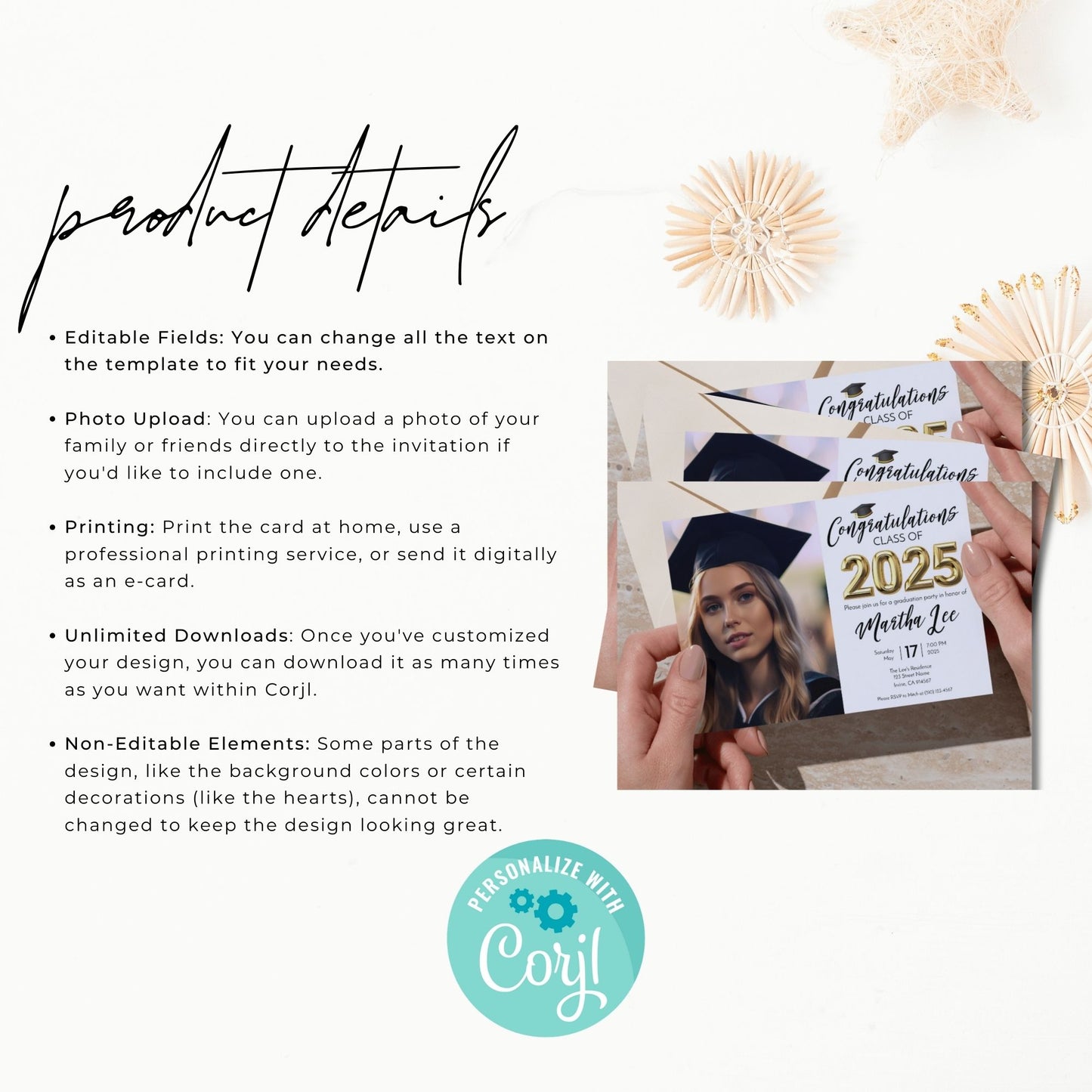 Graduation Party Invitation Template Class of 2025 Black and Gold Confetti Design Editable Corjl 5x7 Invite with Photo Instant Download