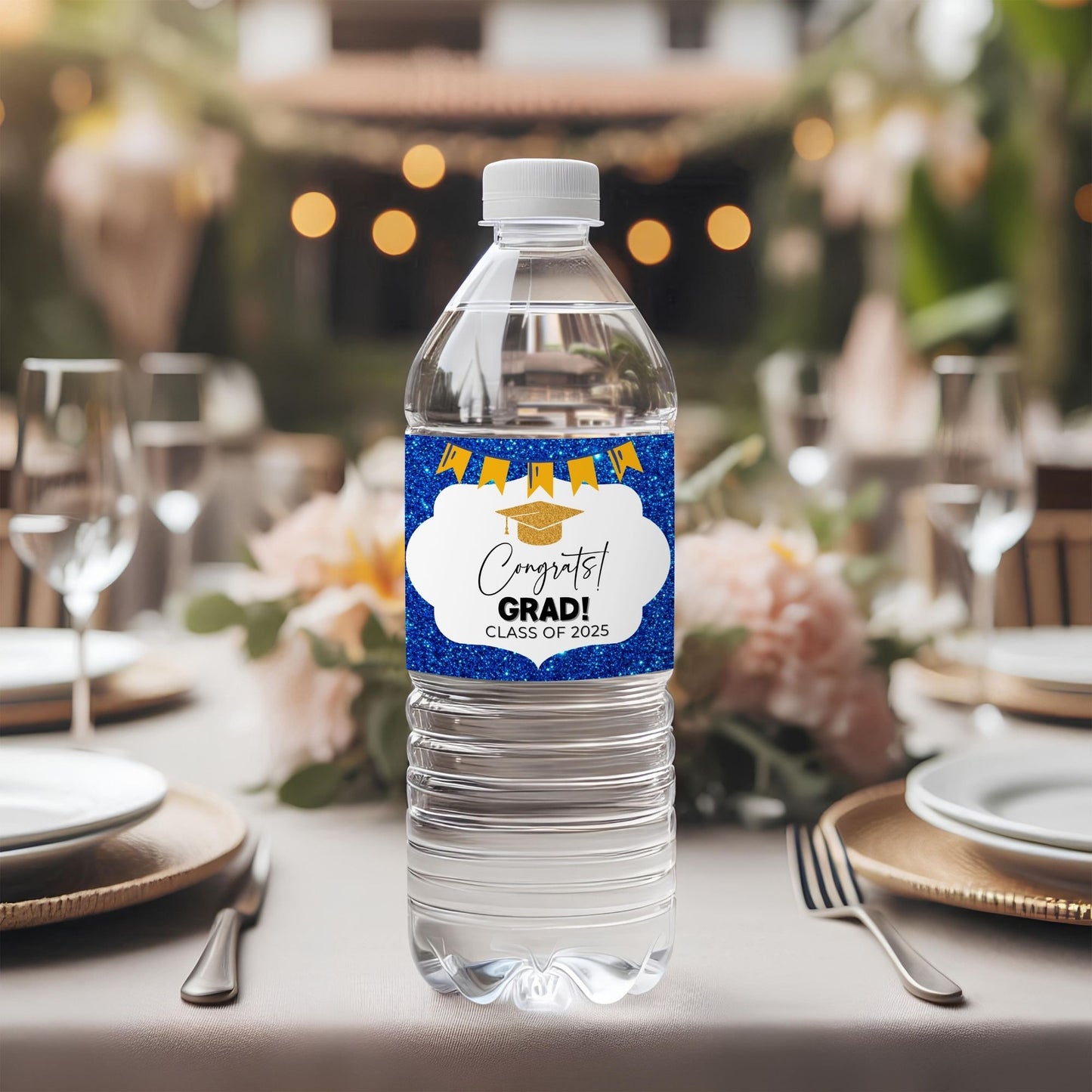 Graduation Water Bottle Labels Class of 2025, Blue Glitter Gold Printable Party Decor, Instant Download, DIY School Sign for Grad Party
