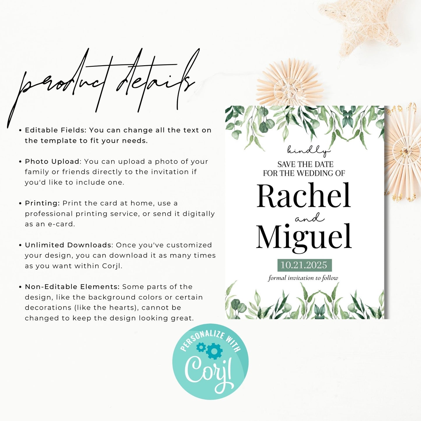 Greenery Save the Date Card Template, Wedding Save the Date Digital Download, Editable Rustic Template, Modern Wedding Announcement