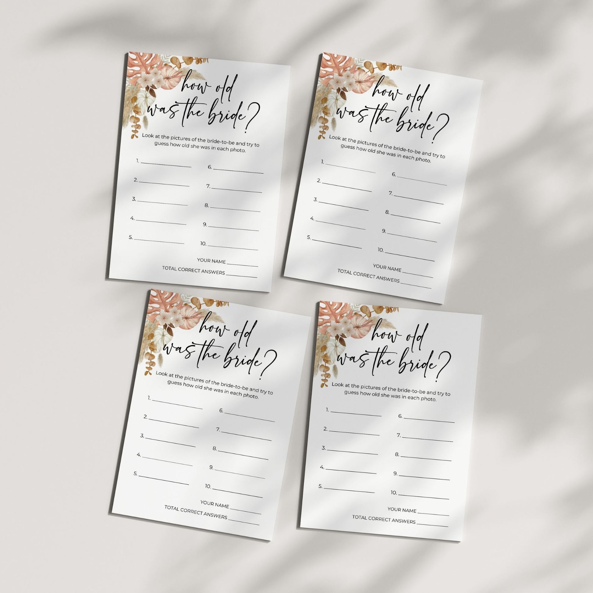 How Old Was the Bride? Bridal Shower Game, Fun Guessing Activity, Boho Floral Design, Printable Game, Instant Download