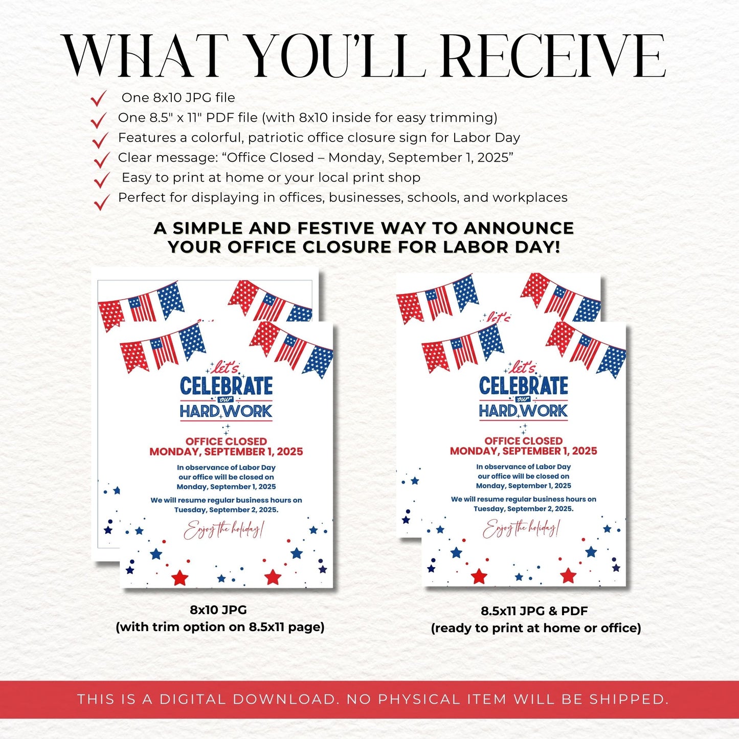 Promotional graphic for Labor Day office closure sign with digital file details.