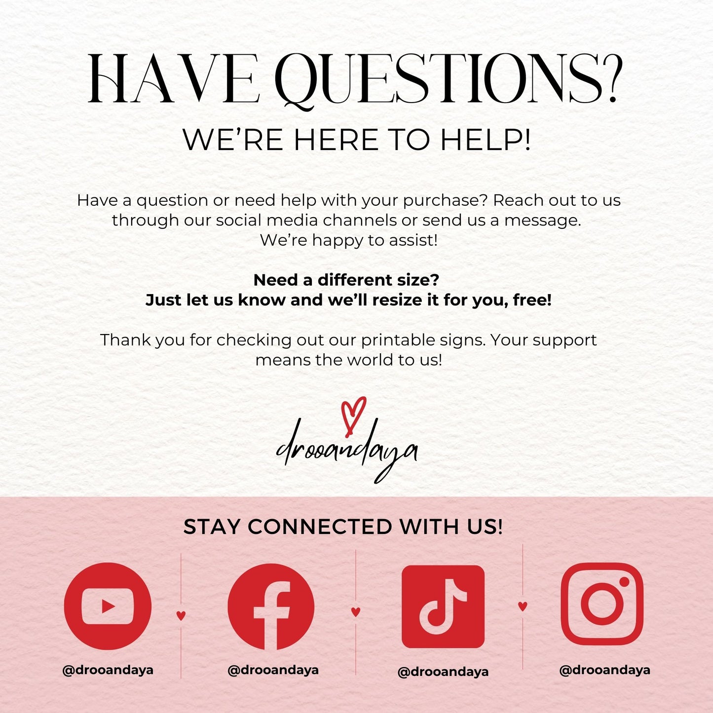 Customer service message with contact information and social media icons on a white background