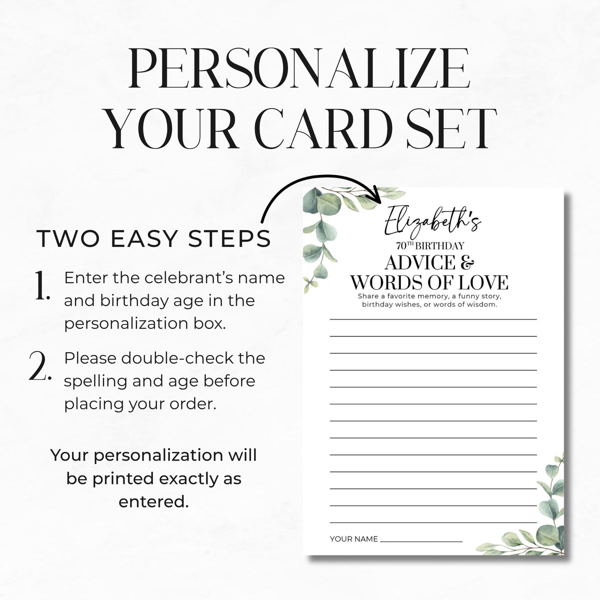 Personalization guide for a card set showing a sample birthday card design with eucalyptus leaf accents and text fields for the celebrant's name and age, alongside instructions on how to personalize the order.