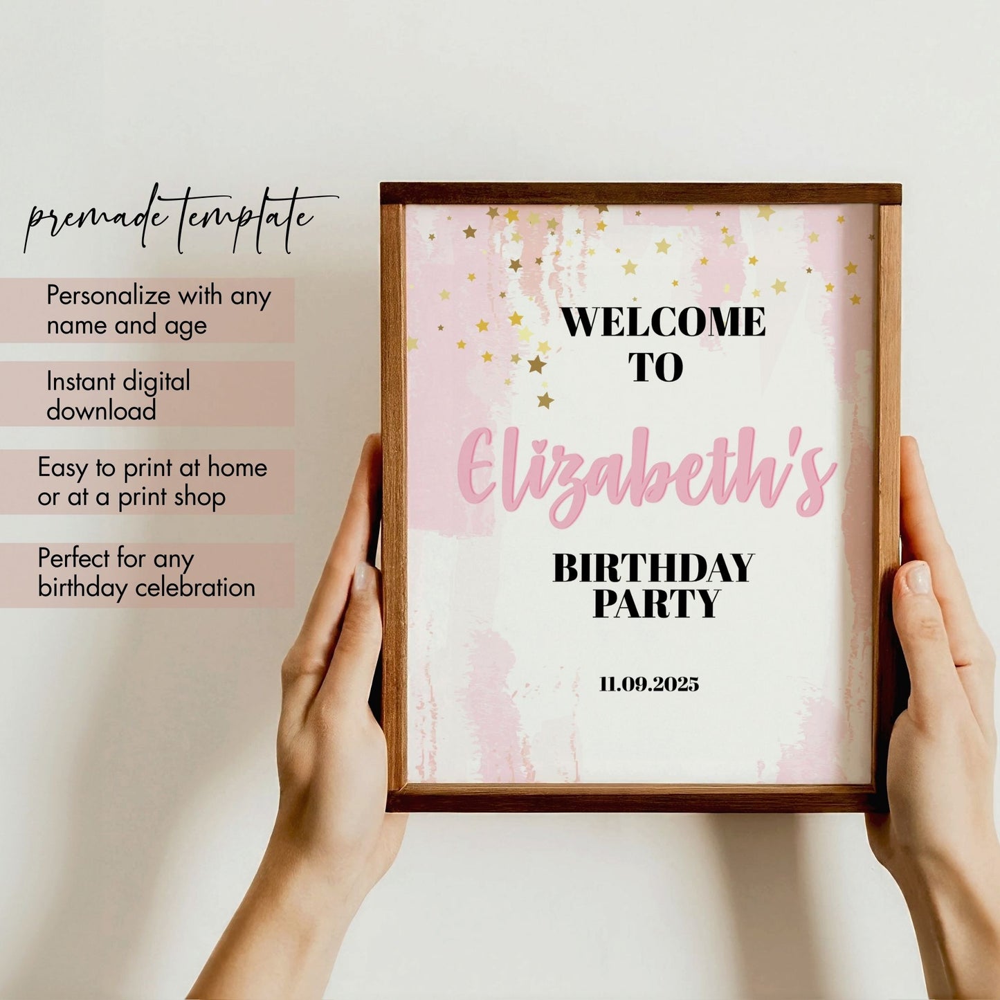 Pink and Gold Birthday Welcome Sign, Editable 8x10 Party Template, Custom Name and Date, Birthday Party Decor for Any Age, Instant Download