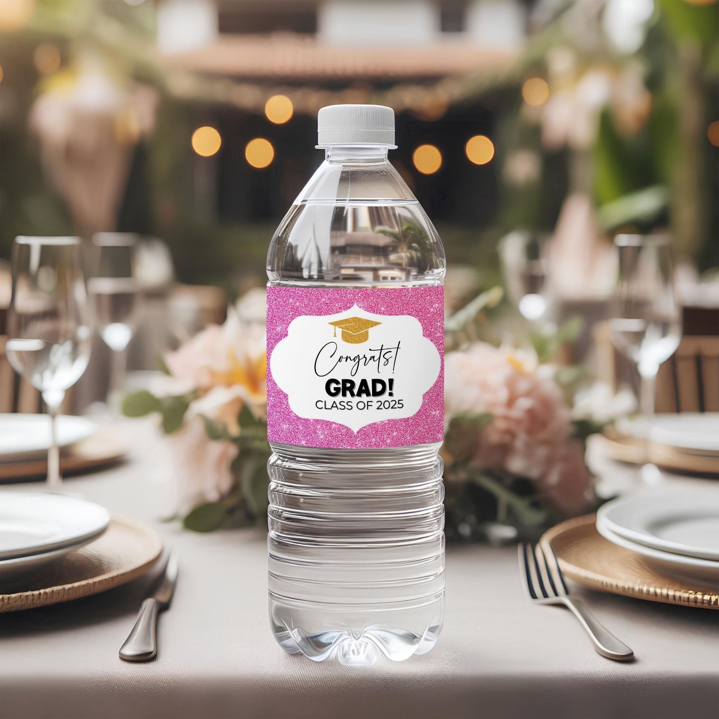 Graduation Water Bottle Labels Class of 2025, Pink Glitter Printable Party Decor, Instant Download, DIY Grad Party Supplies, School Sign