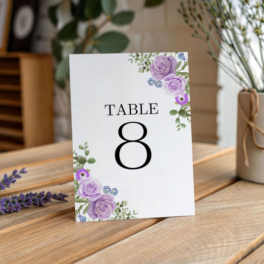 Elegant Purple Floral Table Numbers 5x7 - Wedding Table Signs - Printable Table Numbers - Instant Download PDF - Reception Decor - Table Cards