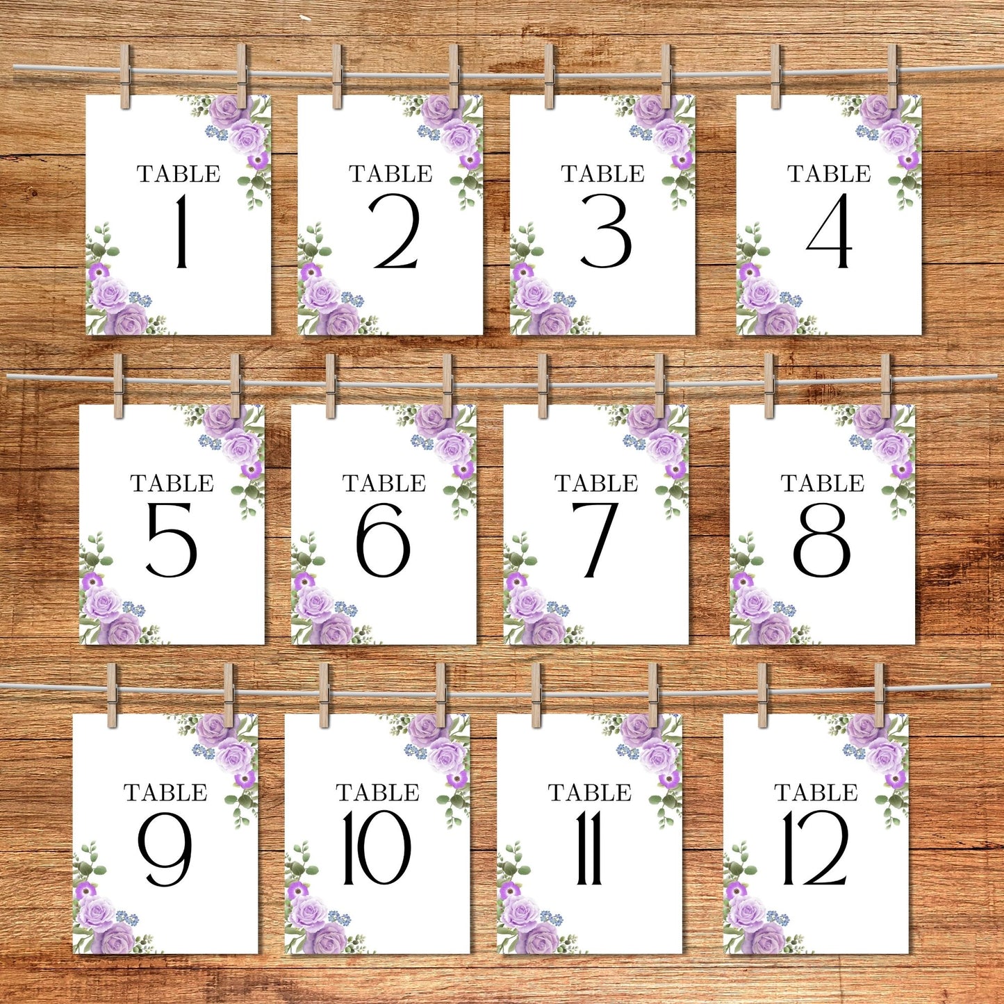 Elegant Purple Floral Table Numbers 5x7 - Wedding Table Signs - Printable Table Numbers - Instant Download PDF - Reception Decor - Table Cards
