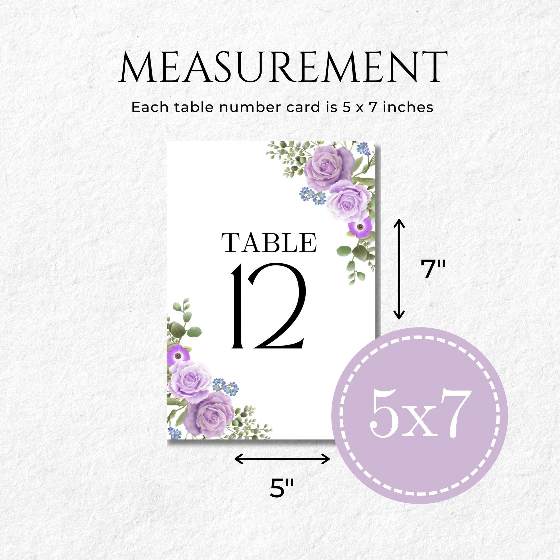 Elegant Purple Floral Table Numbers 5x7 - Wedding Table Signs - Printable Table Numbers - Instant Download PDF - Reception Decor - Table Cards