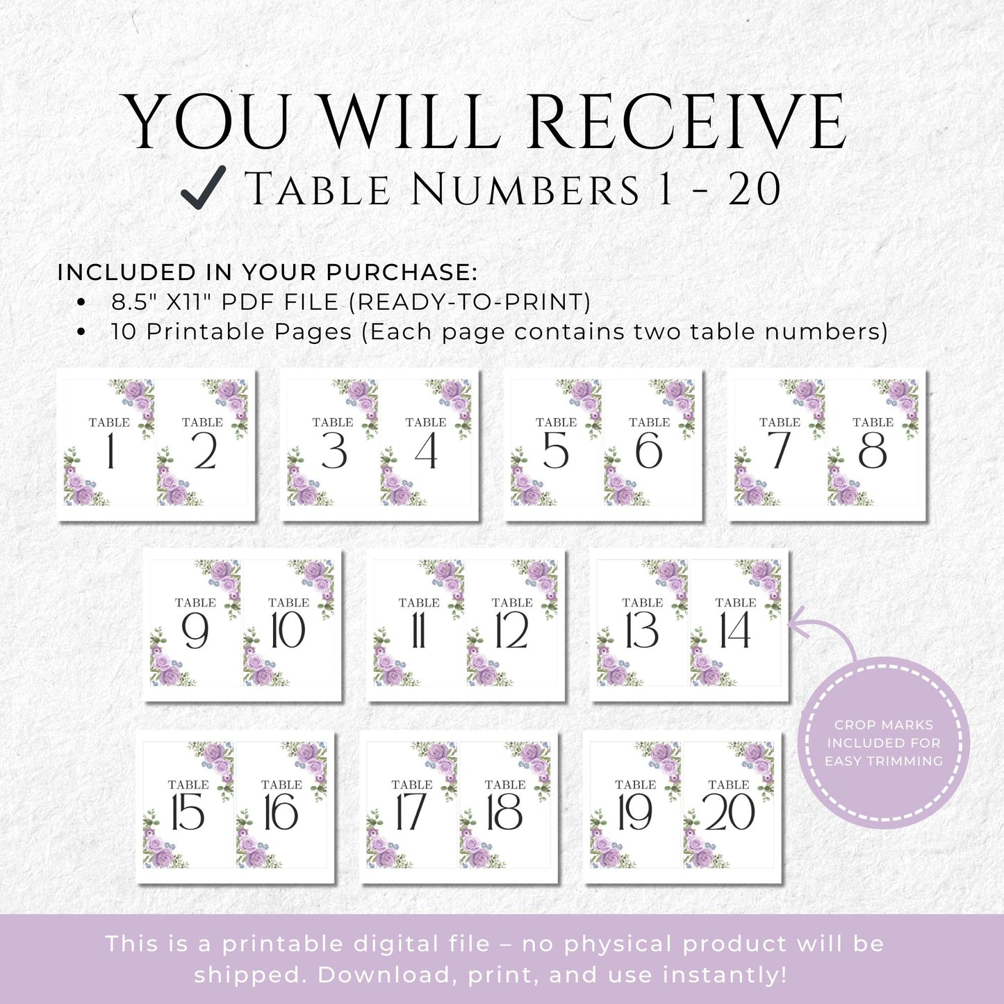 Elegant Purple Floral Table Numbers 5x7