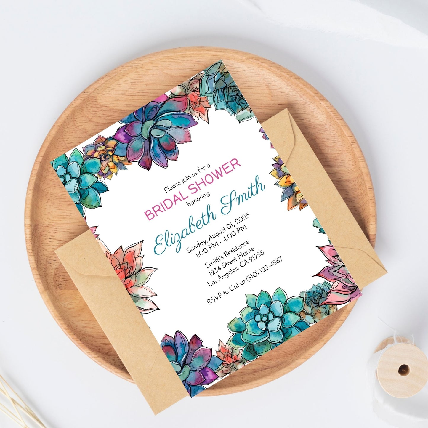 Succulent Bridal Shower Invitation Template, 5x7 Editable Corjl Invite, Instant Download, Printable Bride-to-Be Party Invitation