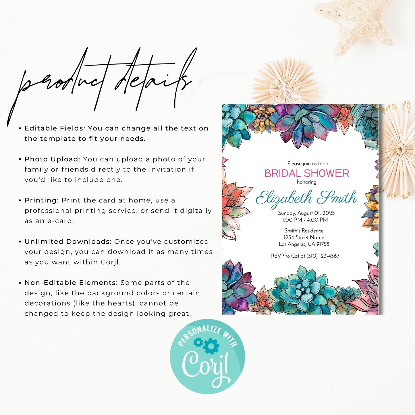 Succulent Bridal Shower Invitation Template 5x7