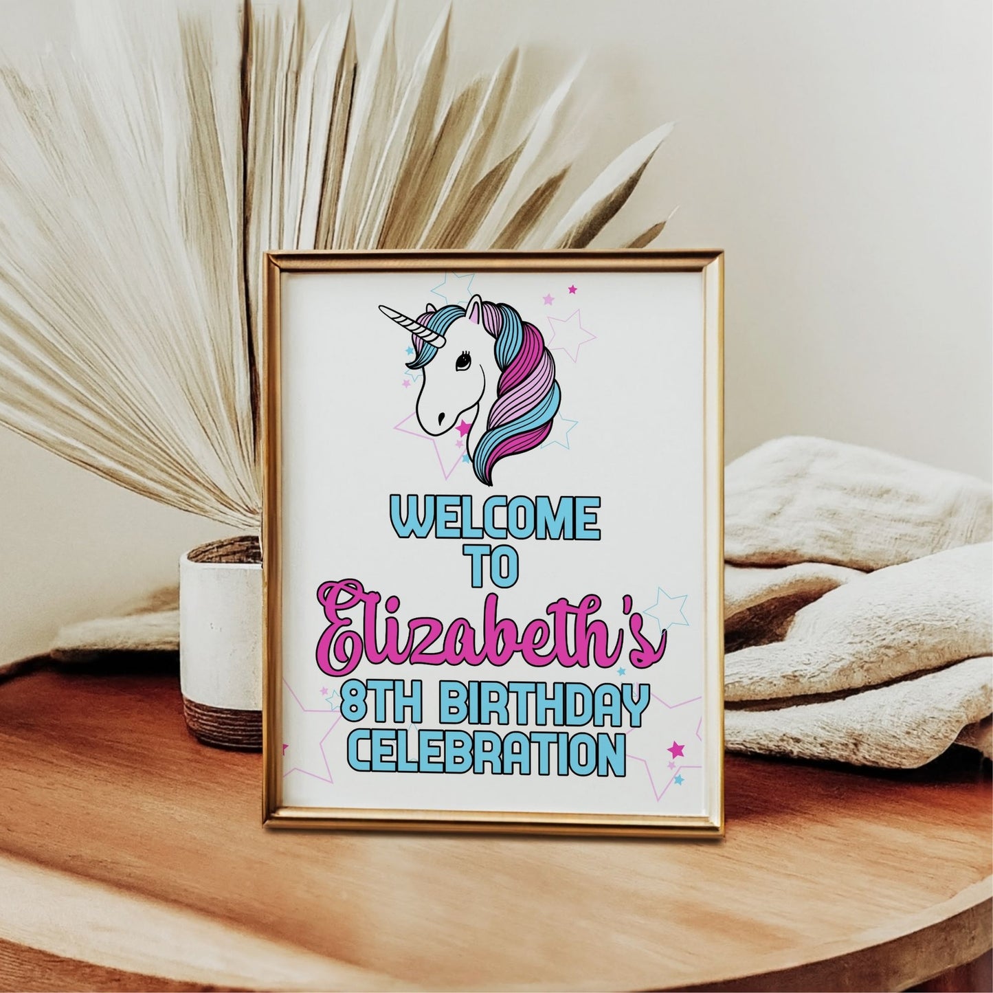 Editable Unicorn Birthday Sign, 8x10 Corjl Template, Custom Name and Age, Unicorn Party Decor, Pink and Blue Stars, Instant Download