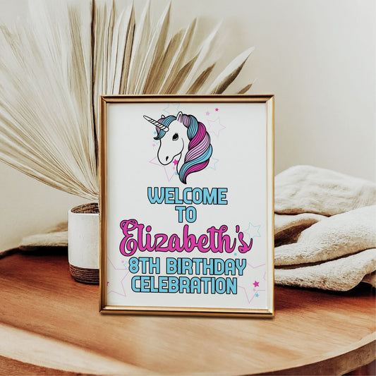 Editable Unicorn Birthday Sign, 8x10 Corjl Template, Custom Name and Age, Unicorn Party Decor, Pink and Blue Stars, Instant Download
