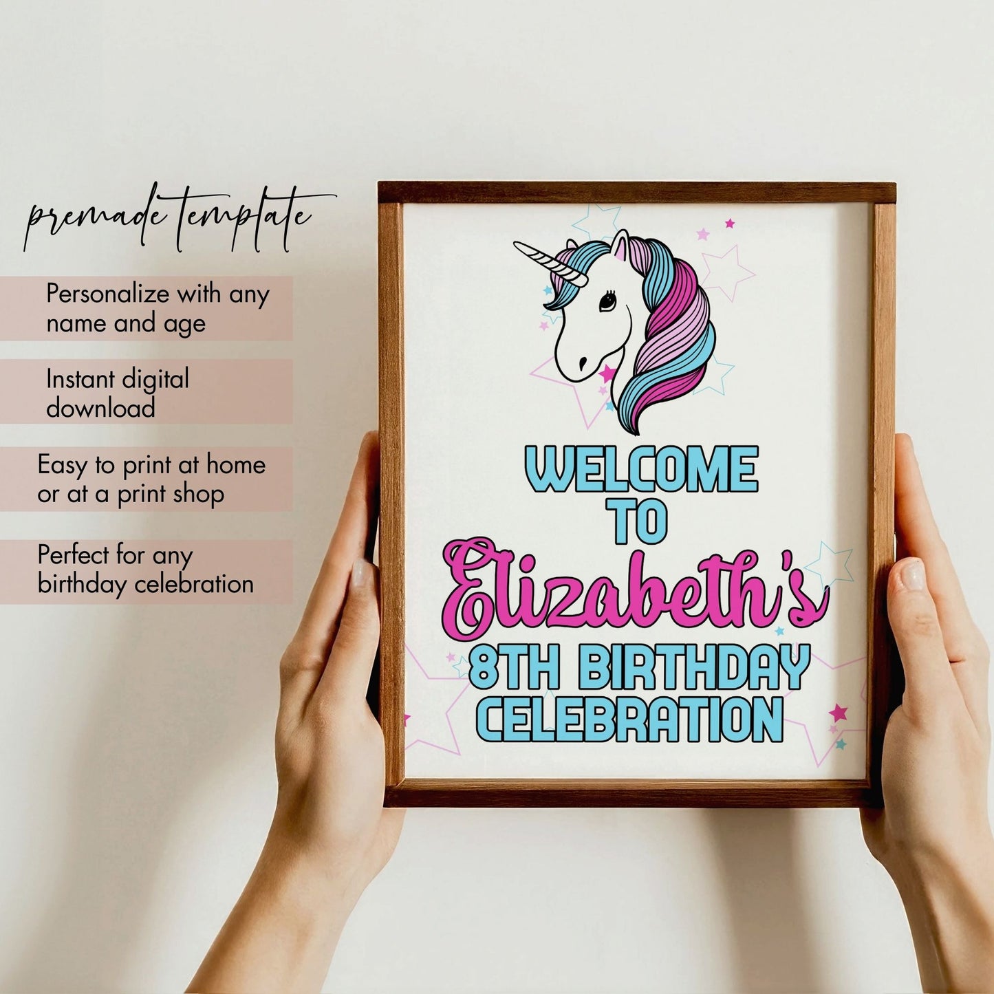 Editable Unicorn Birthday Sign, 8x10 Corjl Template, Custom Name and Age, Unicorn Party Decor, Pink and Blue Stars, Instant Download