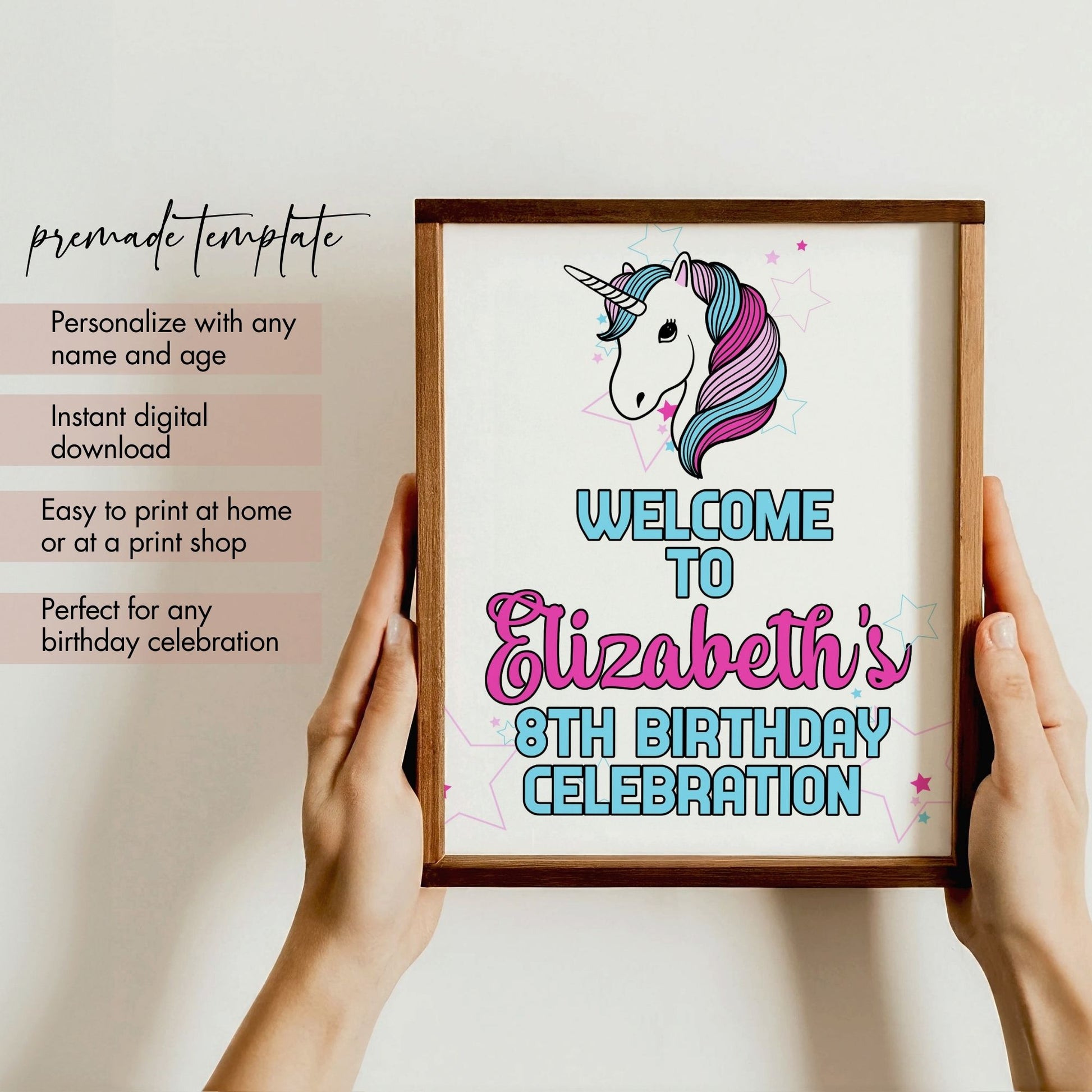 Editable Unicorn Birthday Sign, 8x10 Corjl Template, Custom Name and Age, Unicorn Party Decor, Pink and Blue Stars, Instant Download